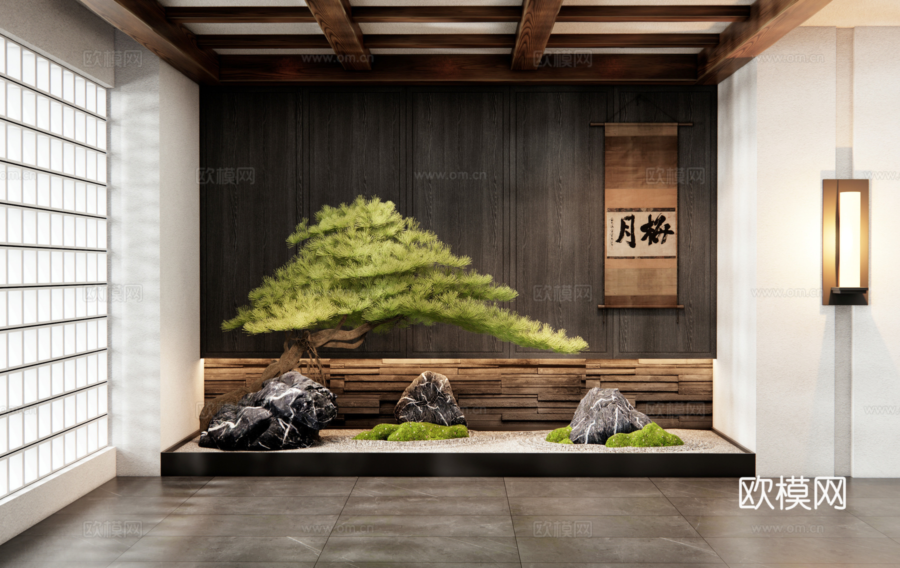 新中式室内景观 庭院小品 景观石头 苔藓景观 松树 枯山水3d模型