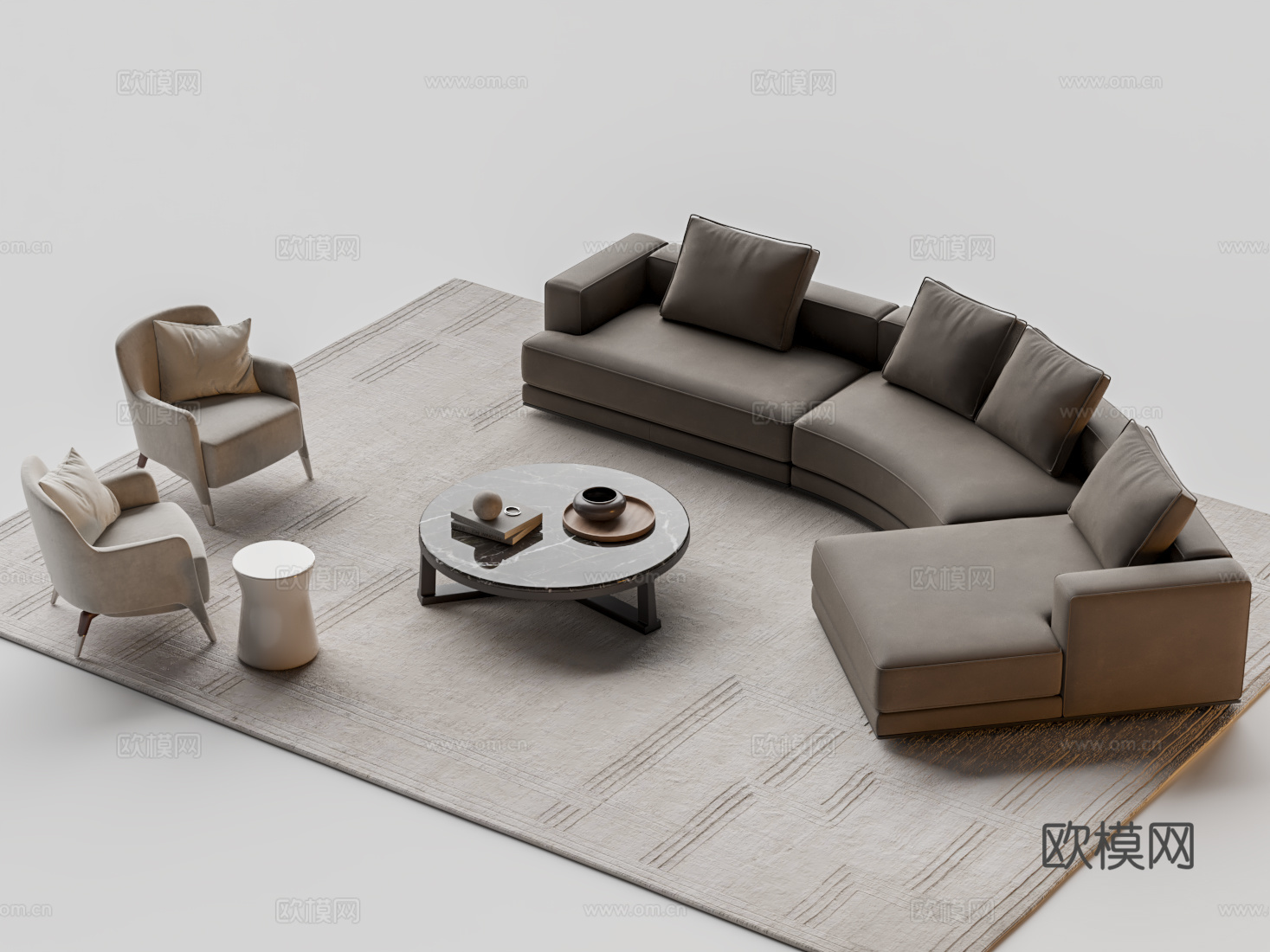 Molteni&amp;C 客厅沙发茶几组合 弧形沙发 布艺沙发su模型