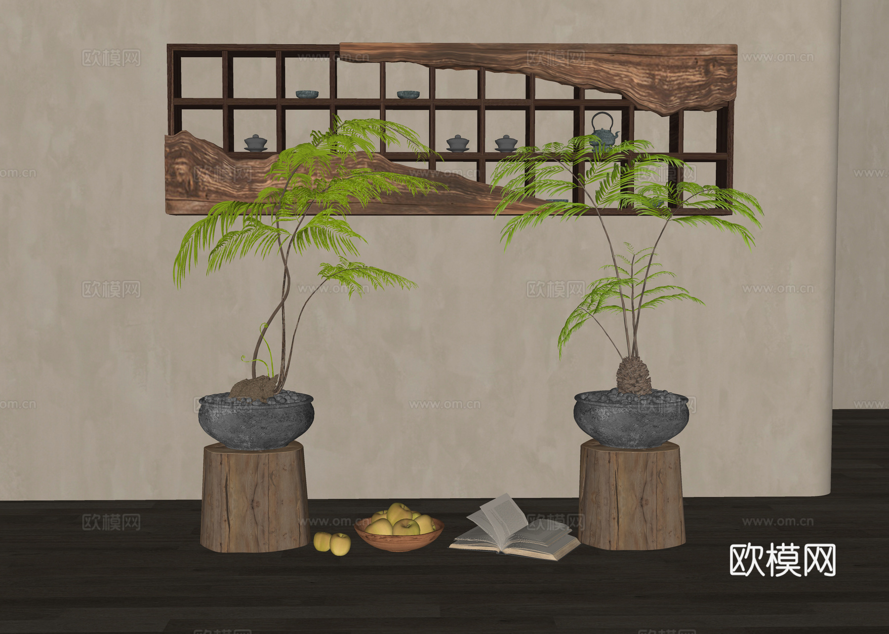 新中式肾蕨盆栽 植物盆景 茶柜 壁柜 博古架 饰品摆件组合su模型