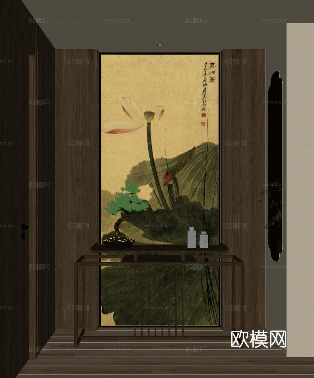 宋式 中古风 壁布 背光灯带 无主灯 如意隔断 透光 玄关su模型