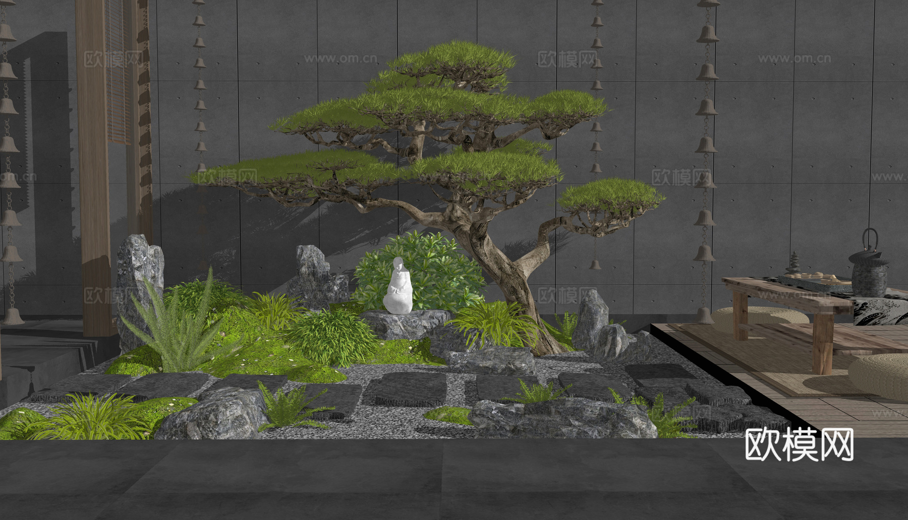 新中式庭院小品 室内景观造景 汀步 苔藓石头 迎客松su模型