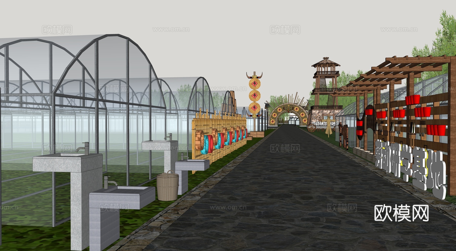 现代大棚研学基地 蔬菜种植基地 蔬菜研学营地 劳动教育基地su模型