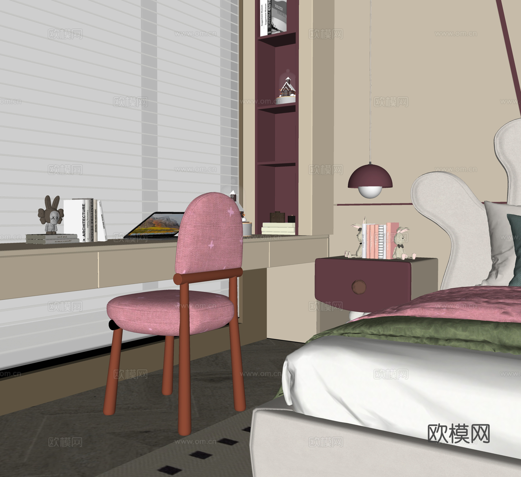 现代儿童书桌椅 卧室书桌椅 百叶帘su模型