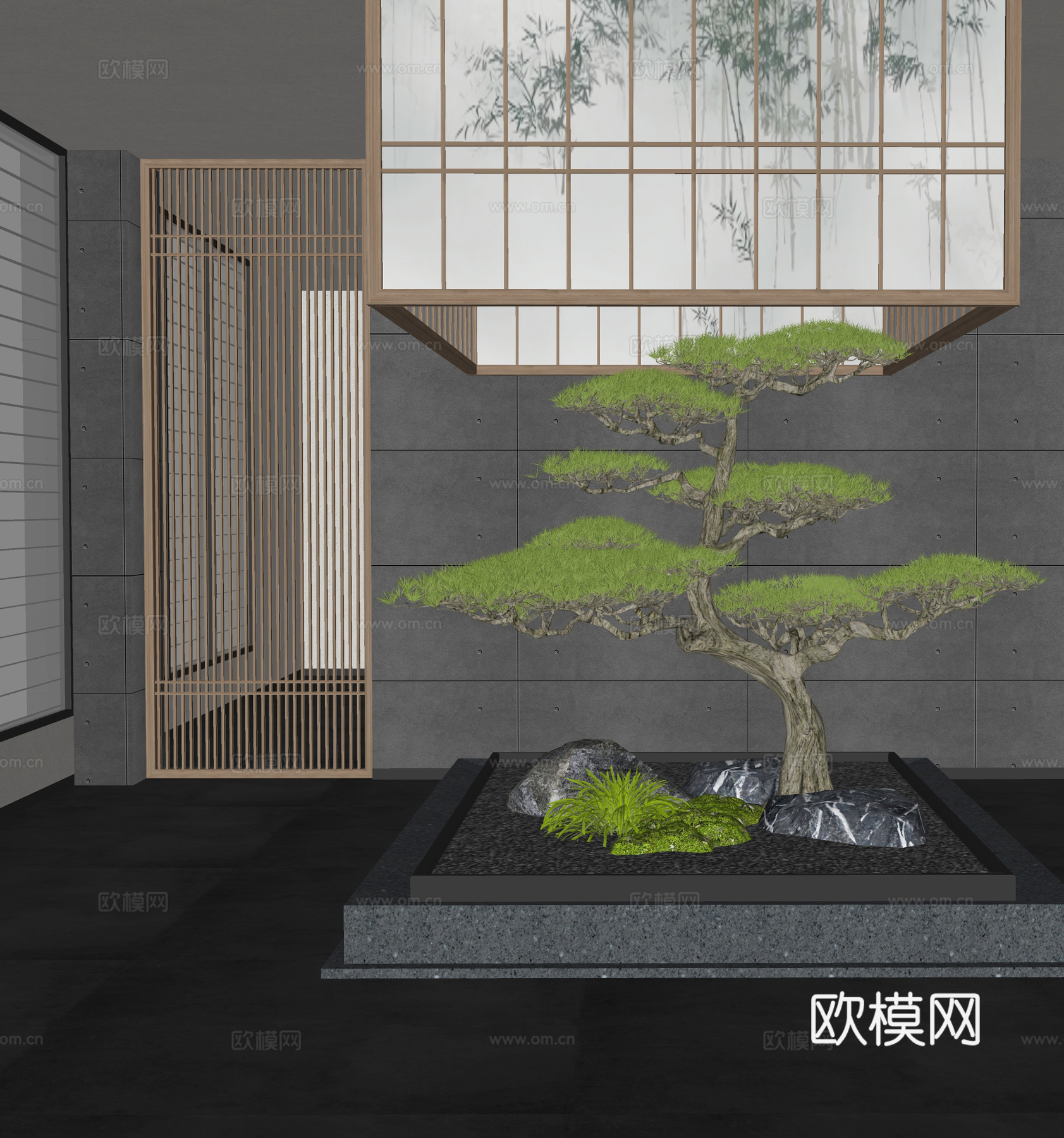 新中式室内景观 松树 迎客松 景观石 庭院小品su模型