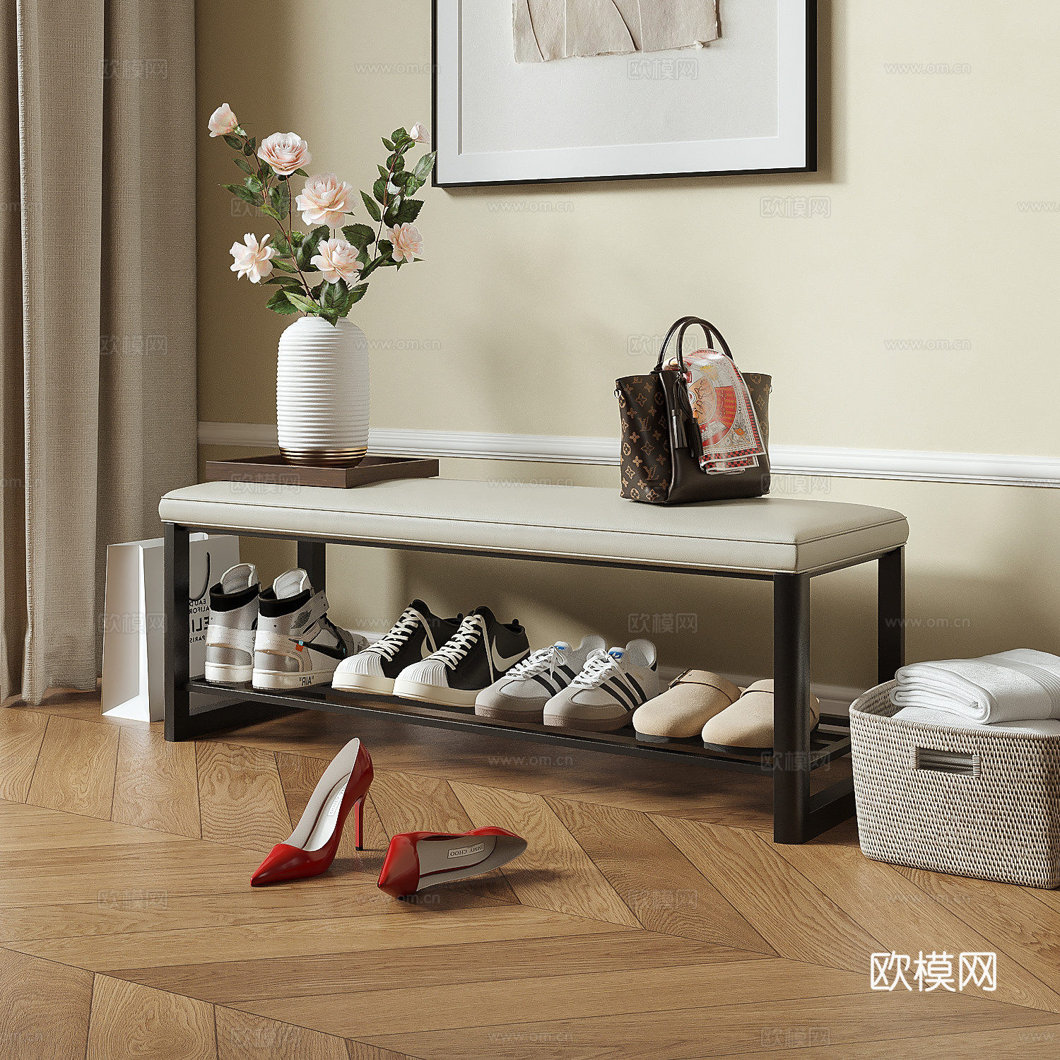 现代奶油风换鞋凳 长凳 条凳 鞋架凳子 鞋子包包3d模型
