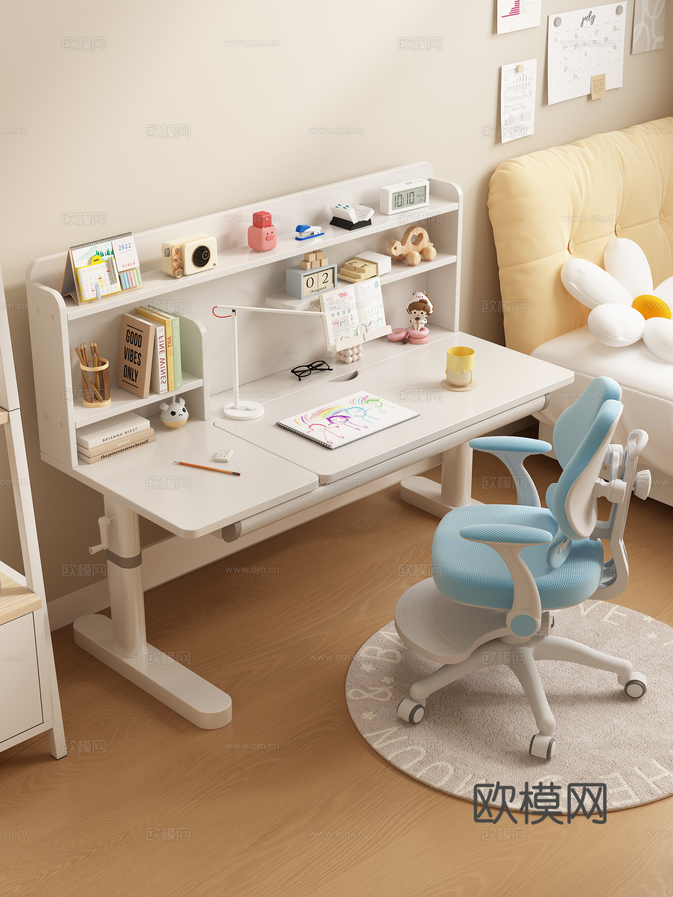现代儿童学习桌椅 升降桌椅 学生桌 书桌椅 学习文具su模型