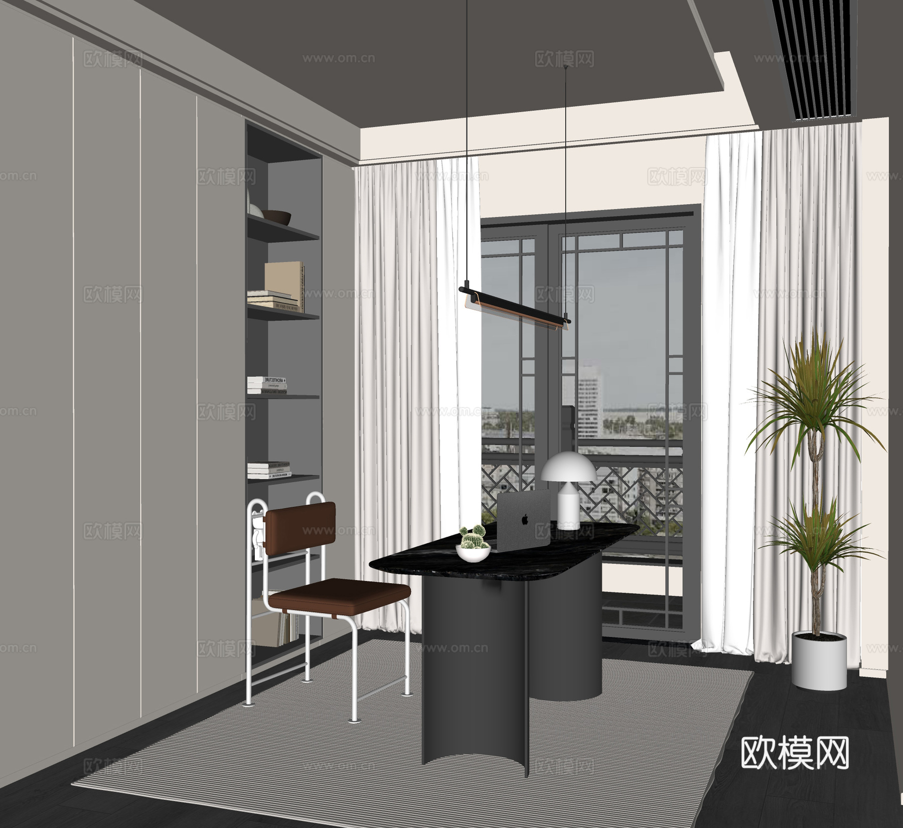 奶油风书房su模型