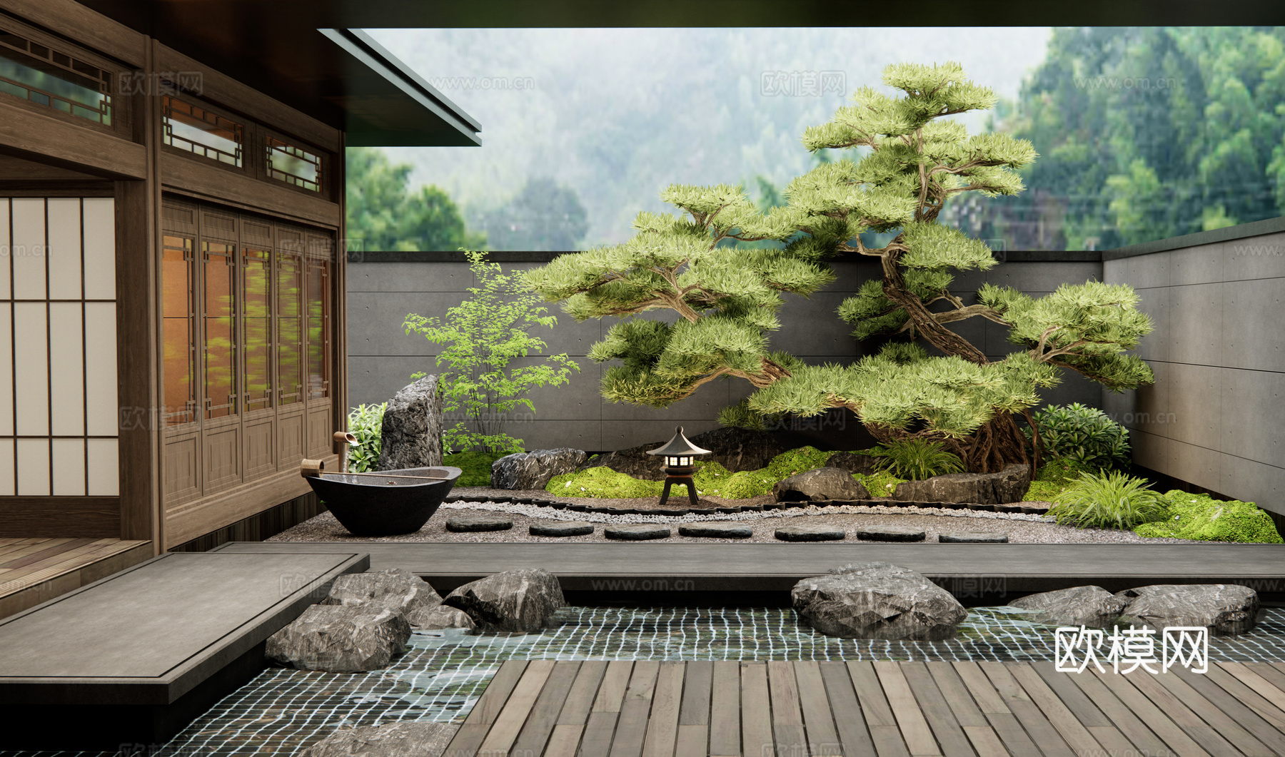 中式庭院景观 植物造景 景观石头 水景 迎客松 庭院小品3d模型