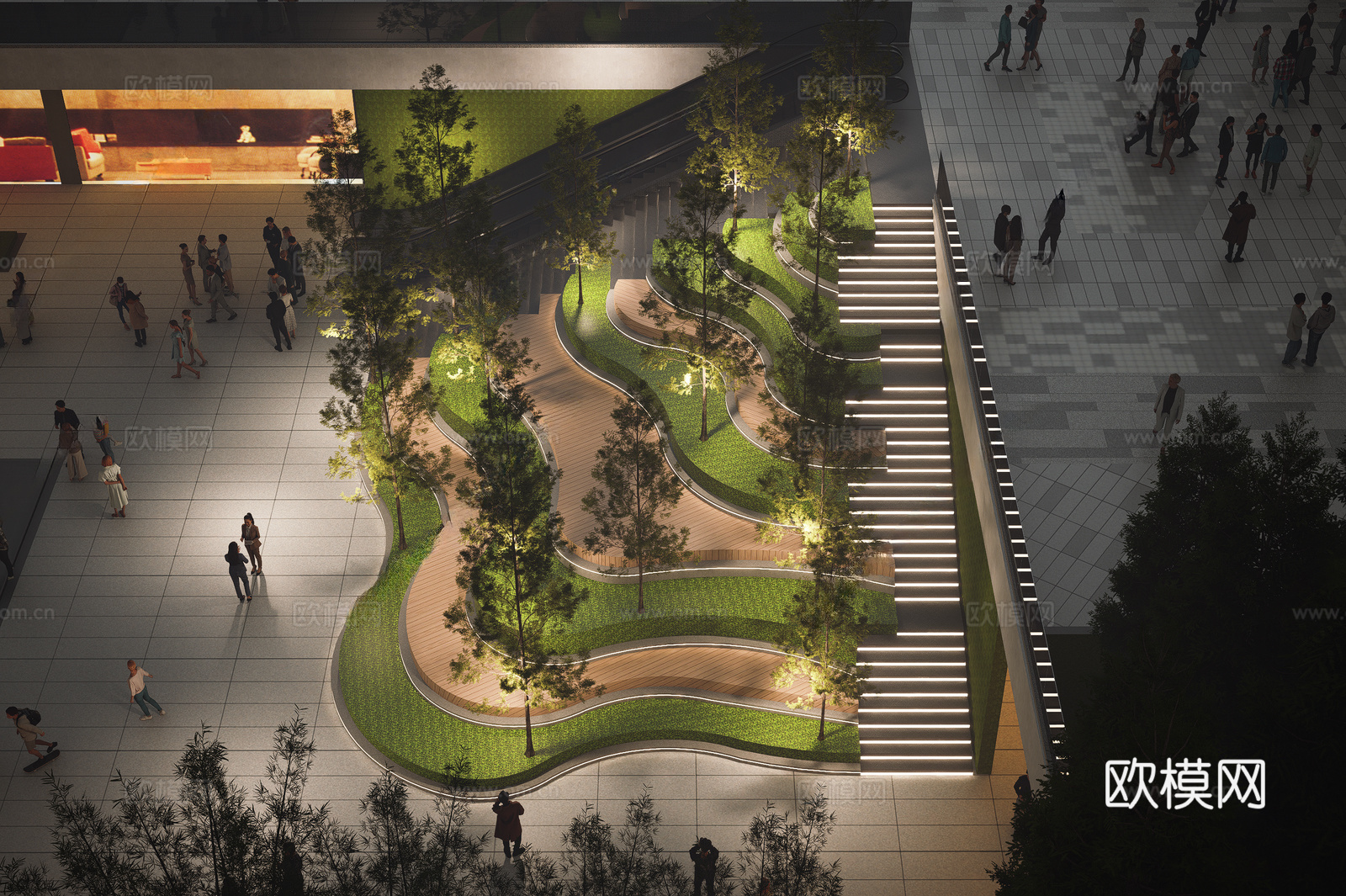 现代台阶景观 广场下沉台阶 木平台3d模型