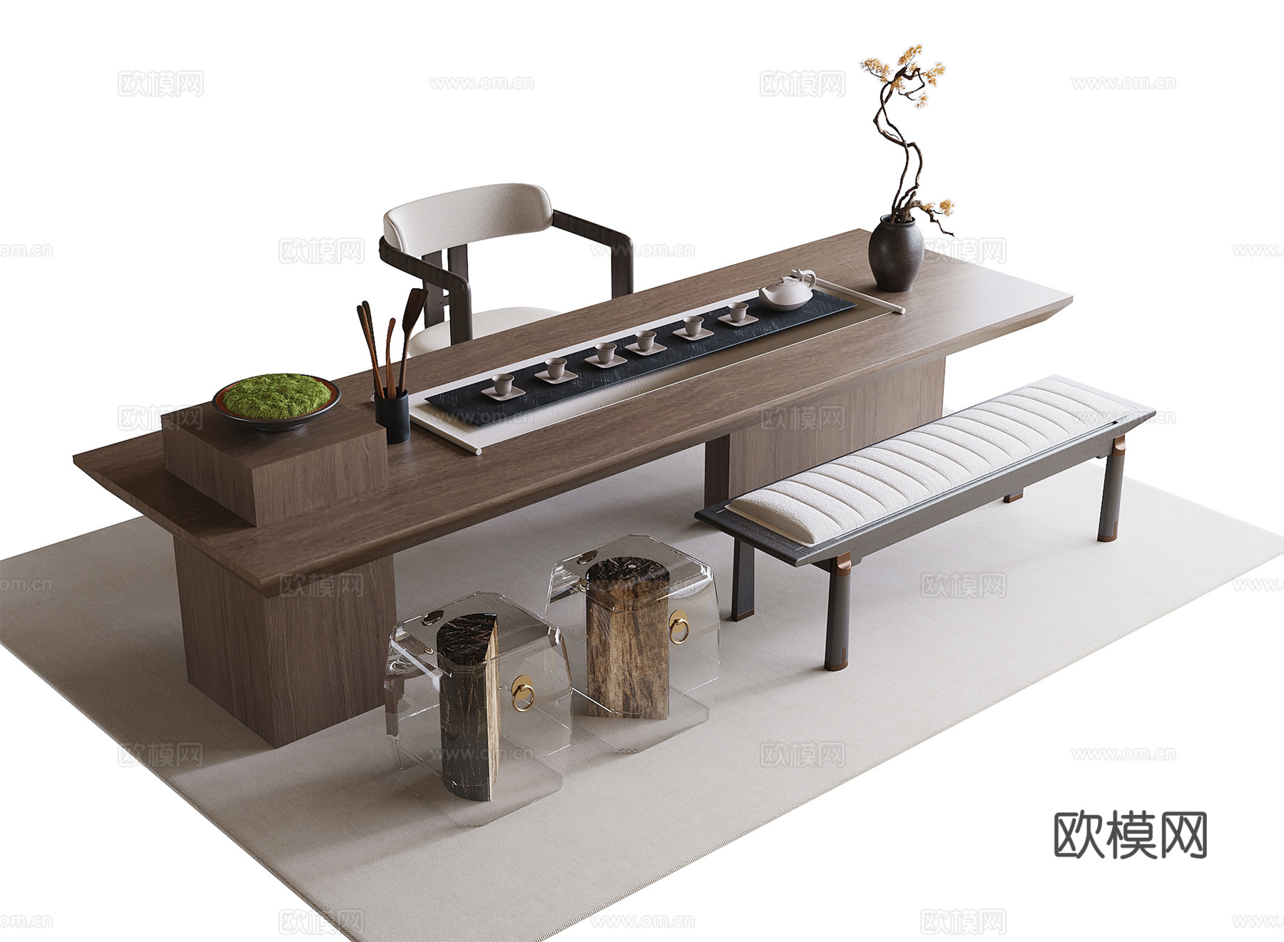 现代茶桌椅 凳子 长凳 茶具 茶椅3d模型