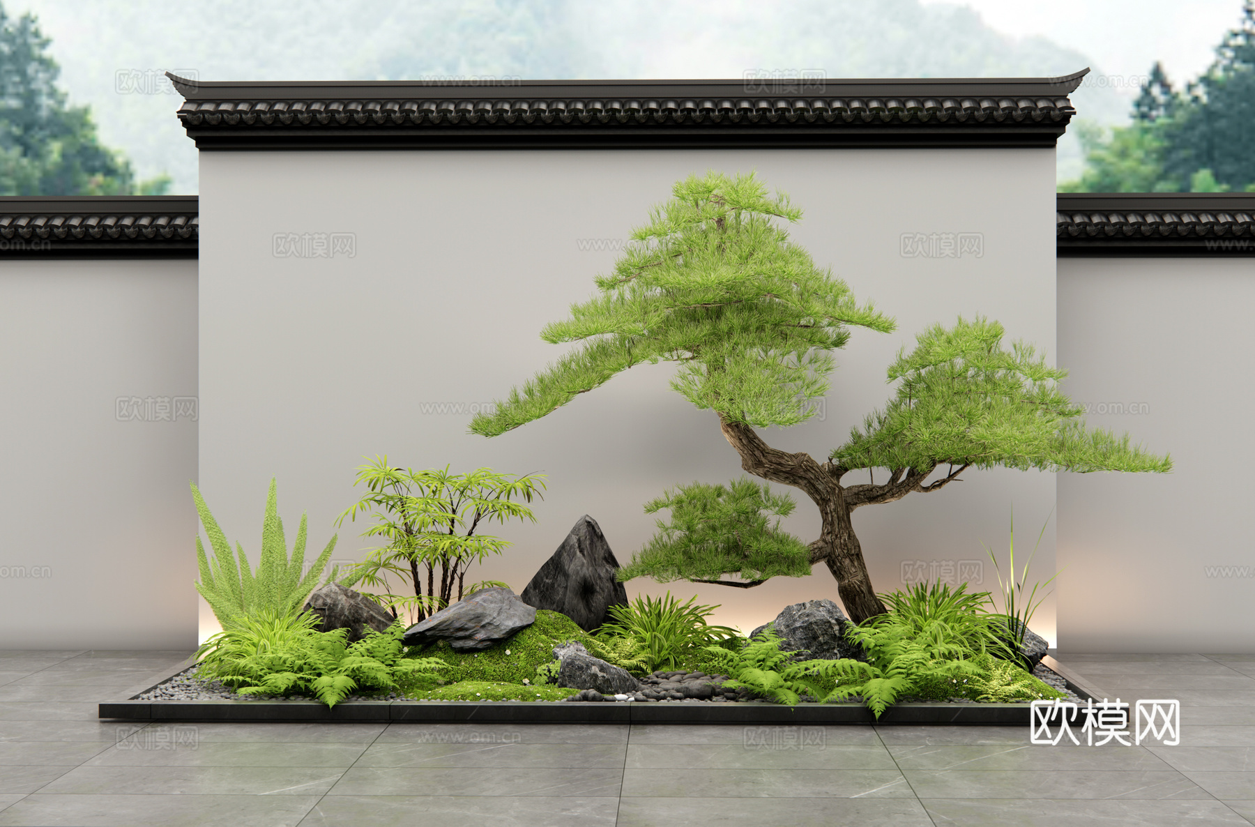 新中式庭院小品 植物造景 植物组合 植物堆 苔藓 景观石头su模型