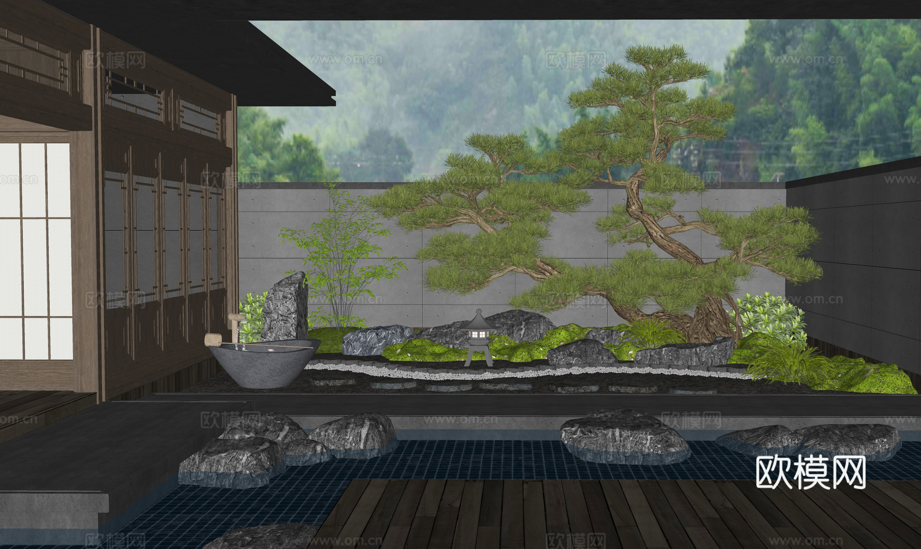 中式庭院景观 植物造景 景观石头 水景 迎客松 庭院小品su模型
