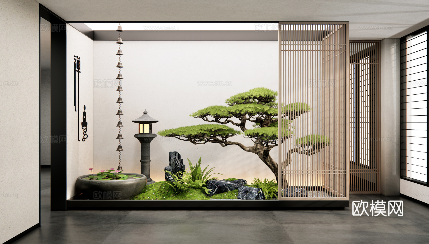 新中式室内景观造景 庭院小品 天井景观 苔藓石头 水钵雨链3d模型