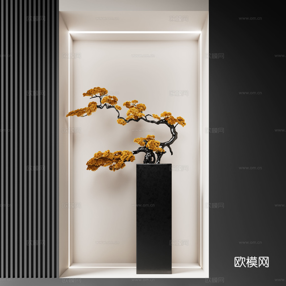 新中式雕塑装置 工艺品落地摆件 金属雕塑su模型下载(渲染图1)