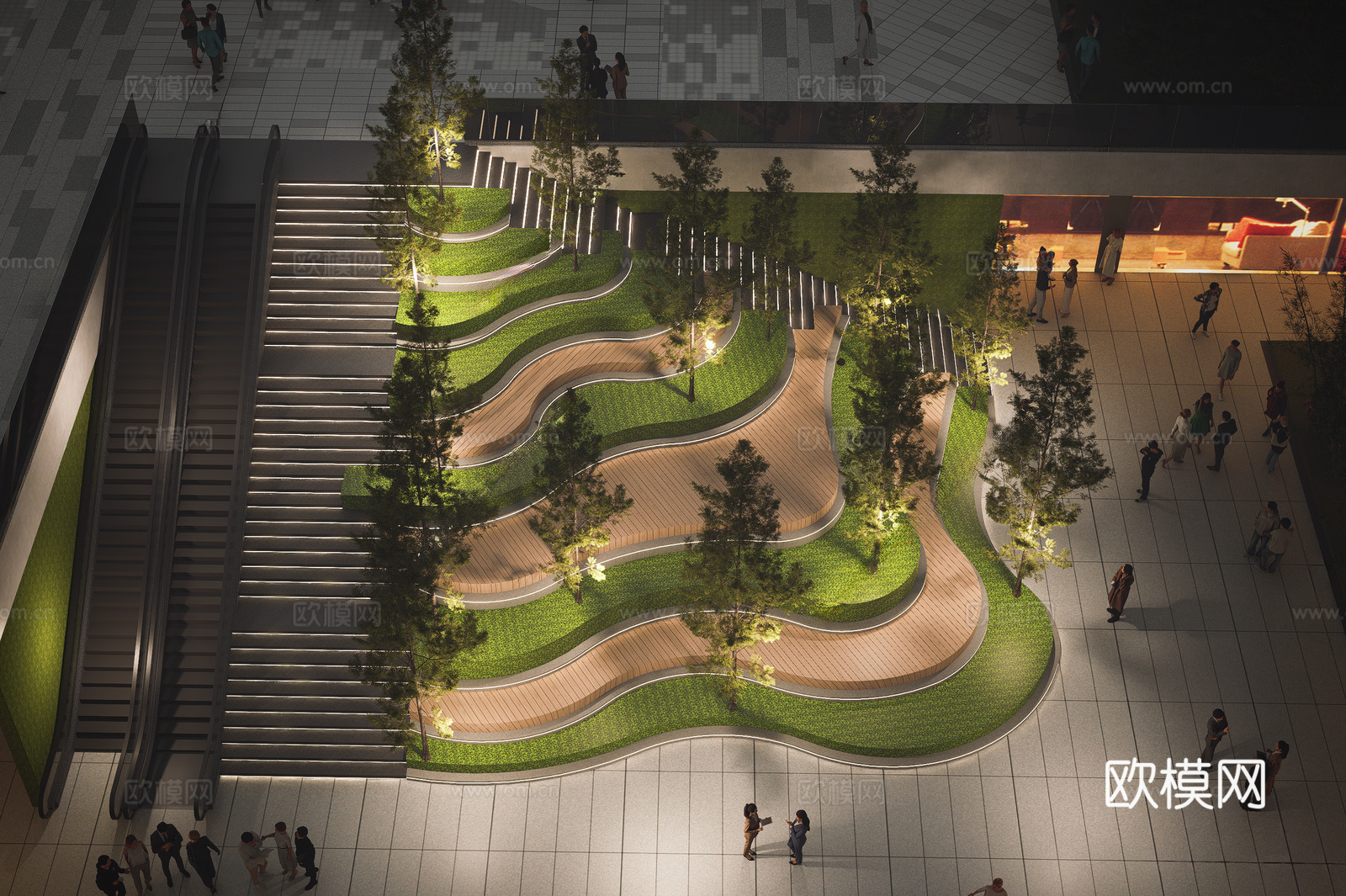 现代台阶景观 广场下沉台阶 木平台3d模型