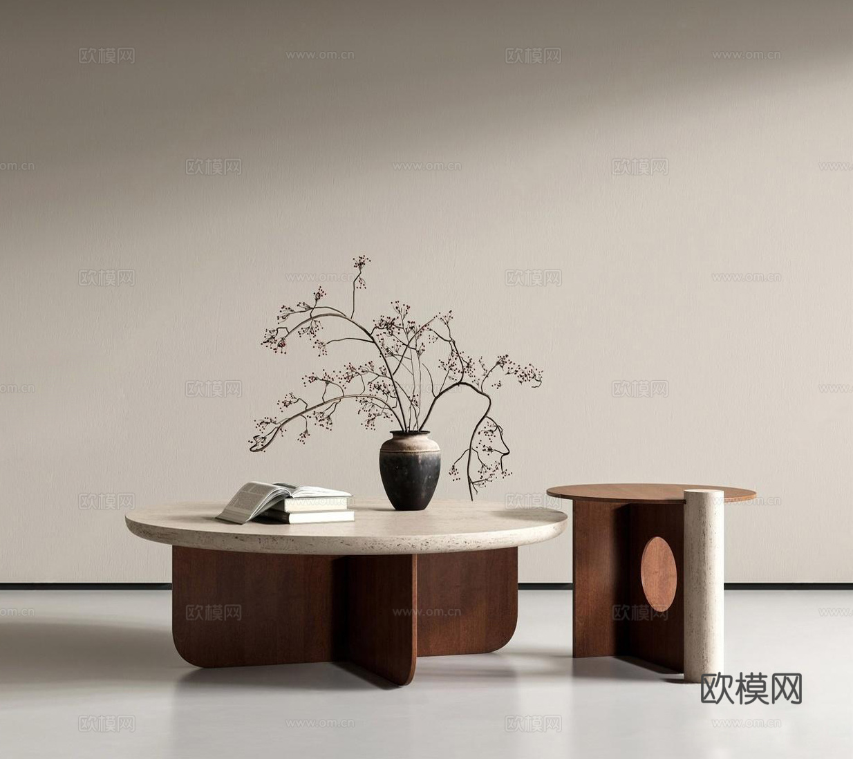 中古侘寂茶几_中古风茶几_侘寂风茶几_大理石茶几_木茶几_圆3d模型