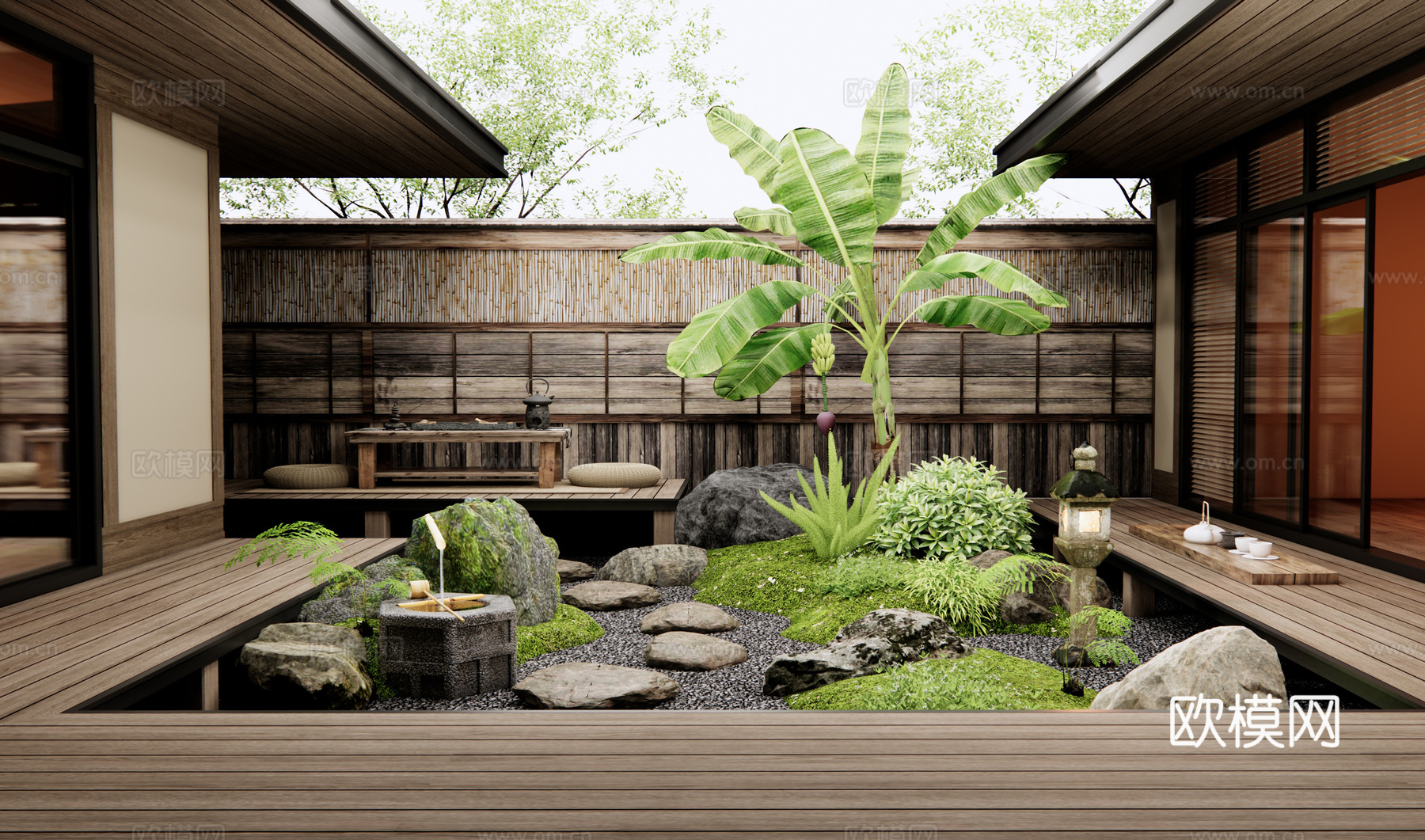 日式枯山水庭院花园 景观石头 汀步 微地形 水钵 植物堆3d模型