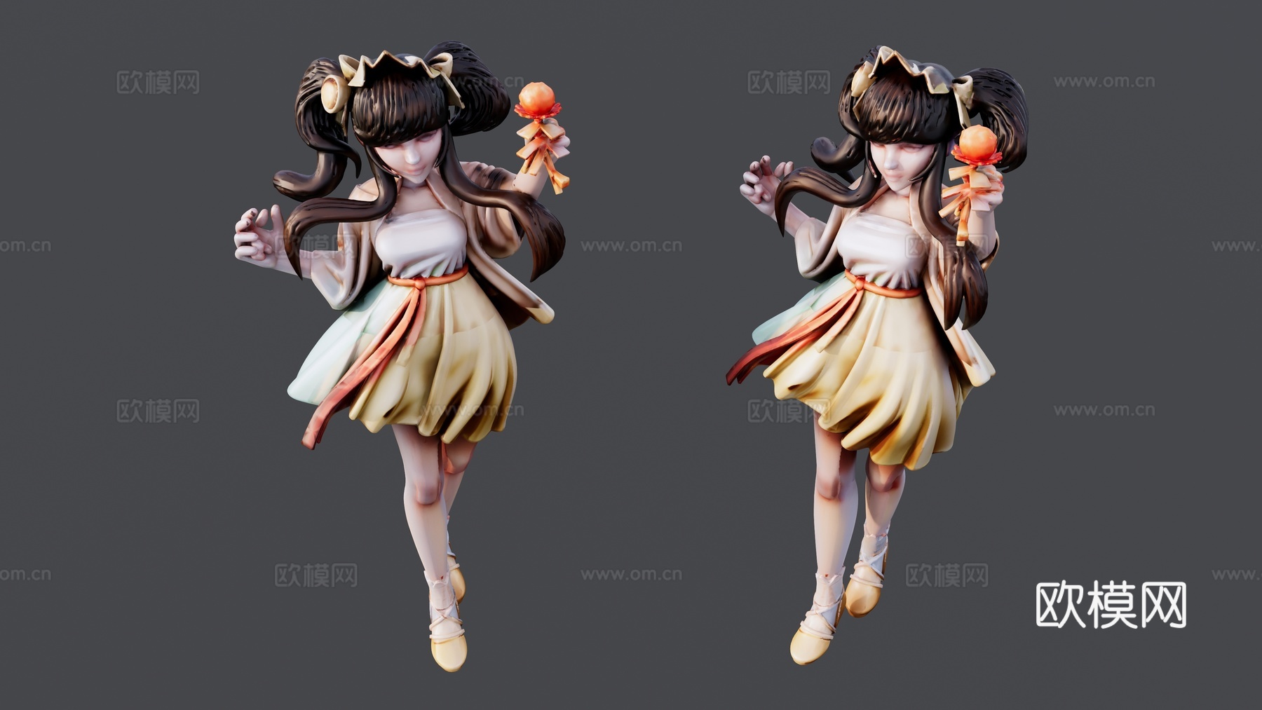 穿黄裙子手拿玫瑰花的小女孩su模型