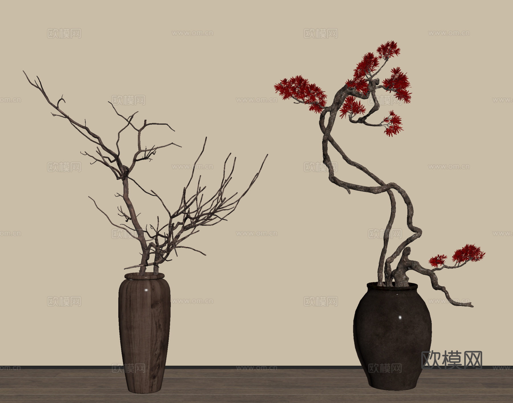 干枝花艺 花艺花瓶 陶罐su模型