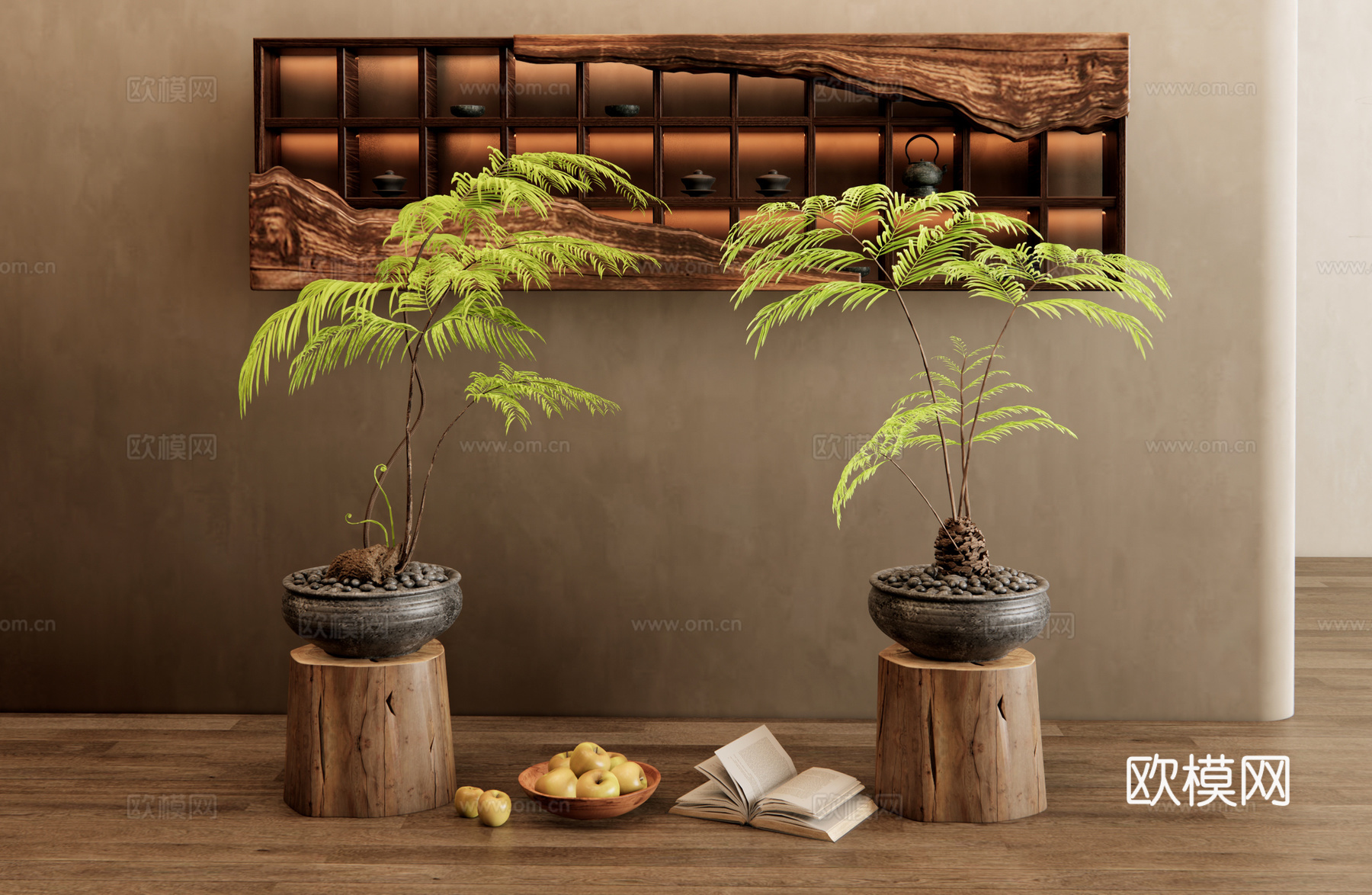 新中式肾蕨盆栽 植物盆景 茶柜 壁柜 博古架 饰品摆件组合su模型
