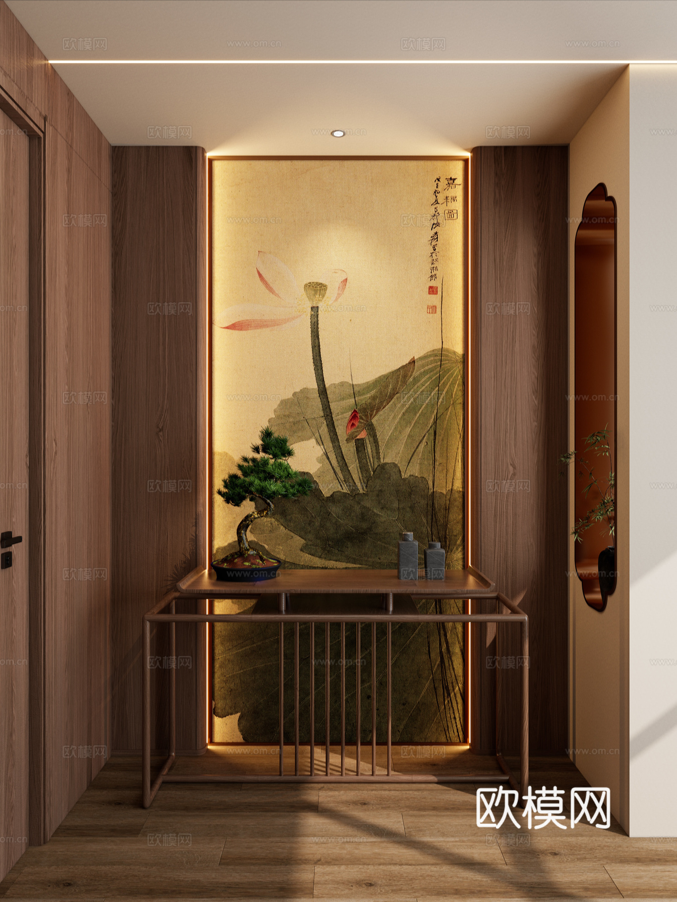 宋式 中古风 壁布 背光灯带 无主灯 如意隔断 透光 玄关su模型