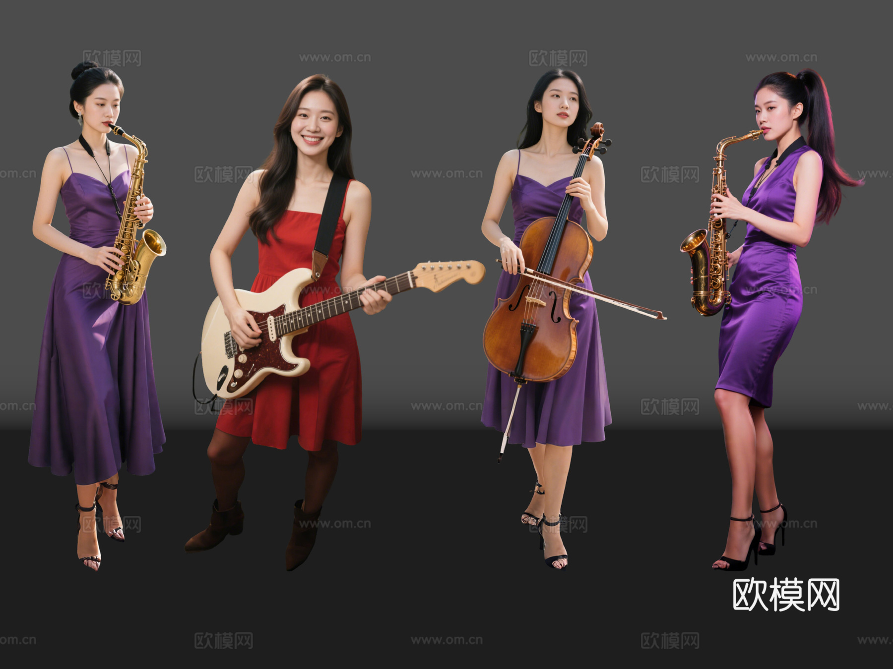 2D现代人物 乐队成员 吉他手 小提琴手 萨克斯手su模型下载（渲染图2）
