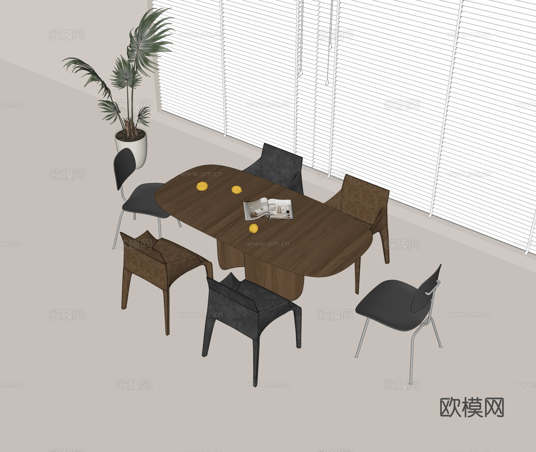 餐桌椅组合 实木餐桌 皮质餐椅 休闲餐椅 花盆绿植 书籍su模型