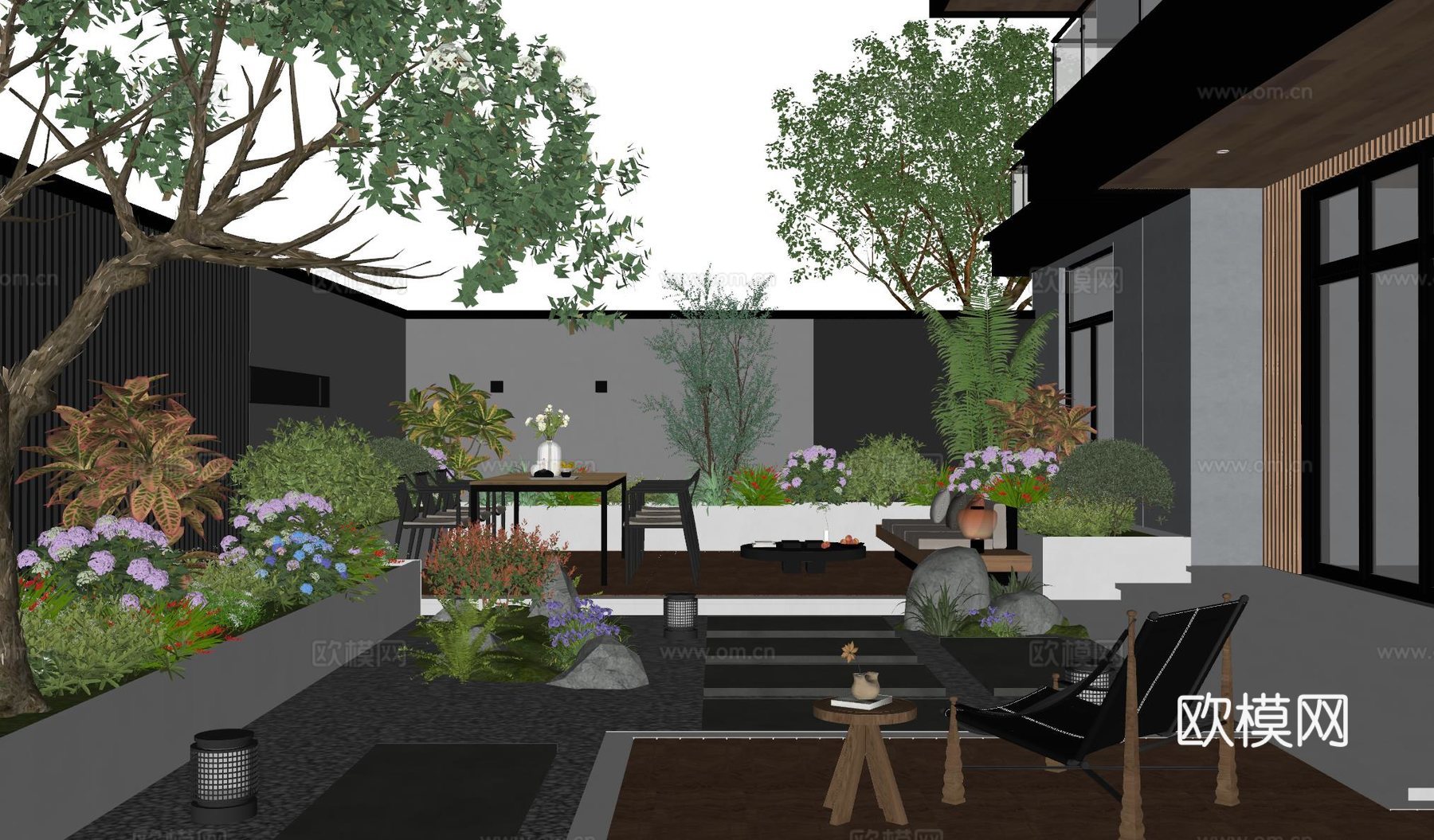 现代庭院景观 庭院花园 庭院小品 户外休闲椅 户外餐桌su模型