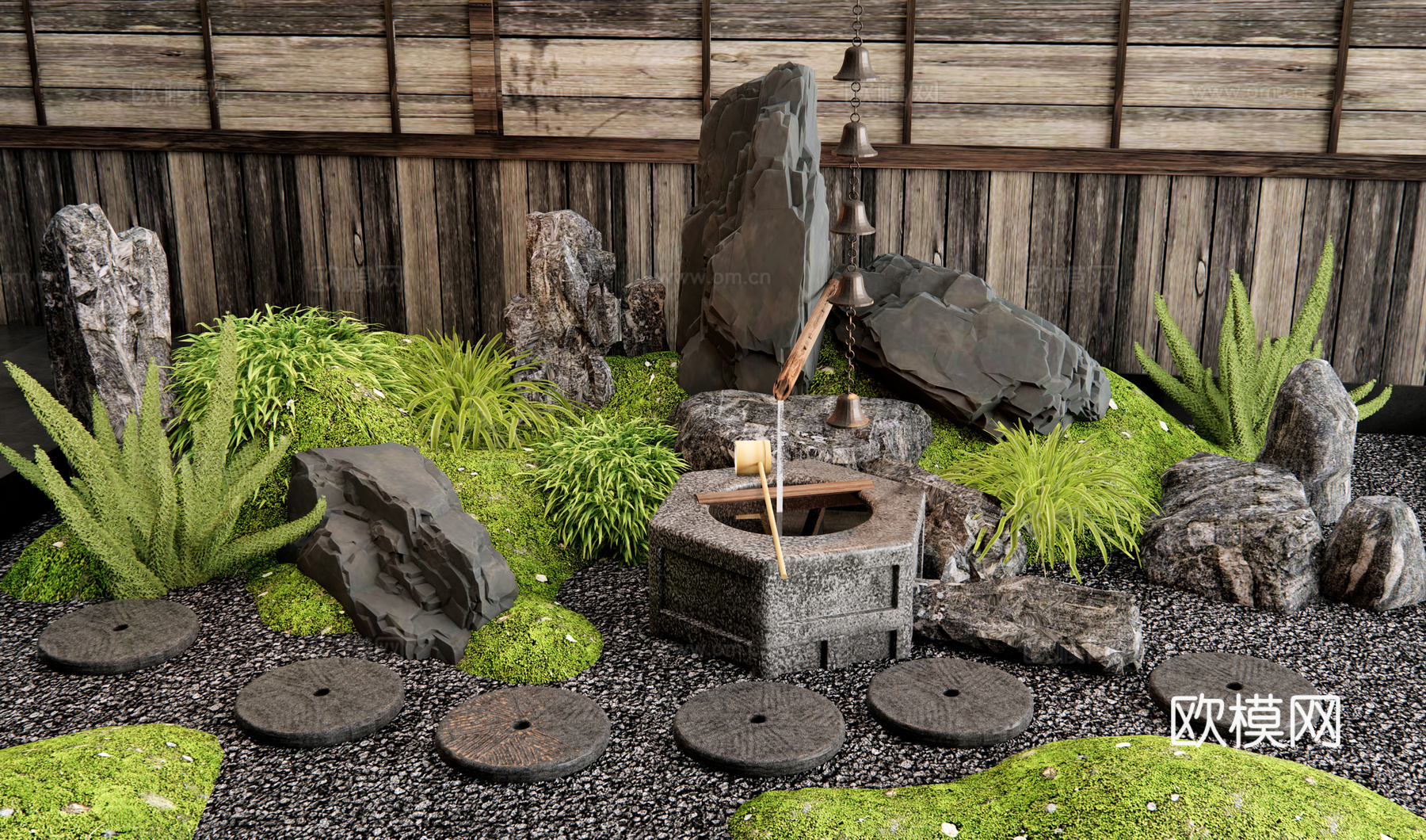日式景观石头 庭院小品 汀步 微地形 苔藓 植物造景 花草su模型