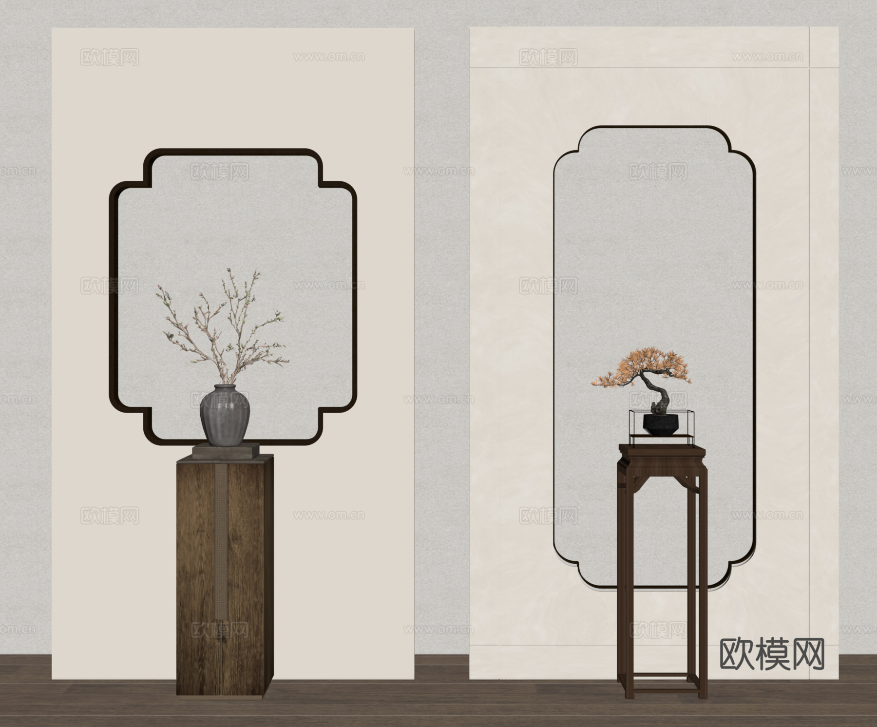 新中式隔断 玄关隔断 花几 干枝花艺su模型