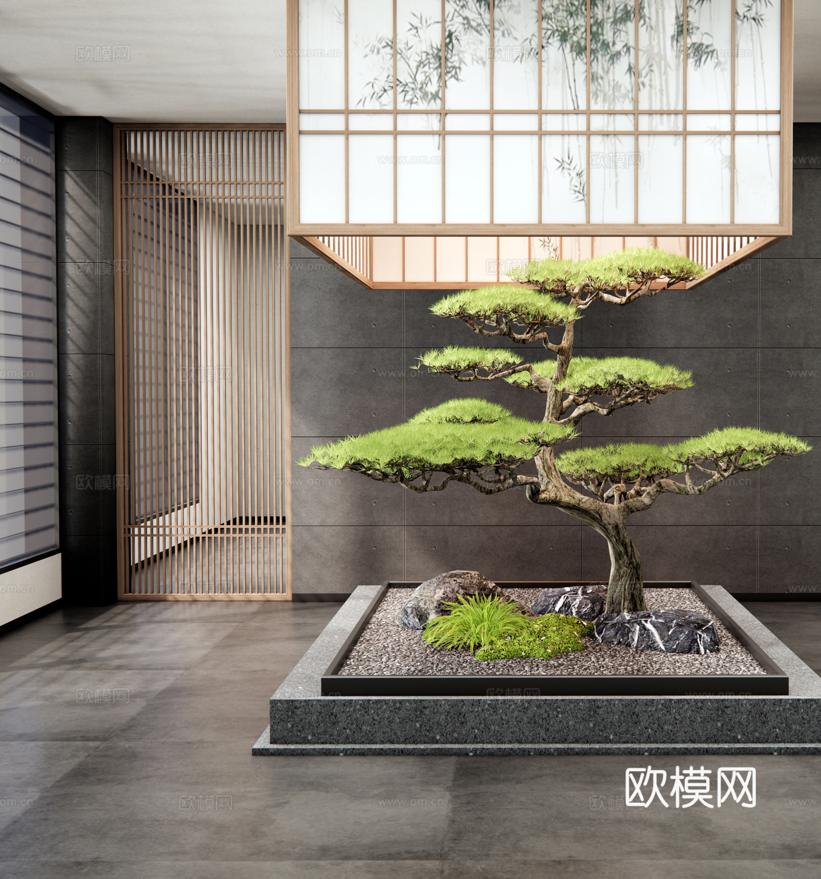 新中式室内景观 松树 迎客松 景观石 庭院小品su模型