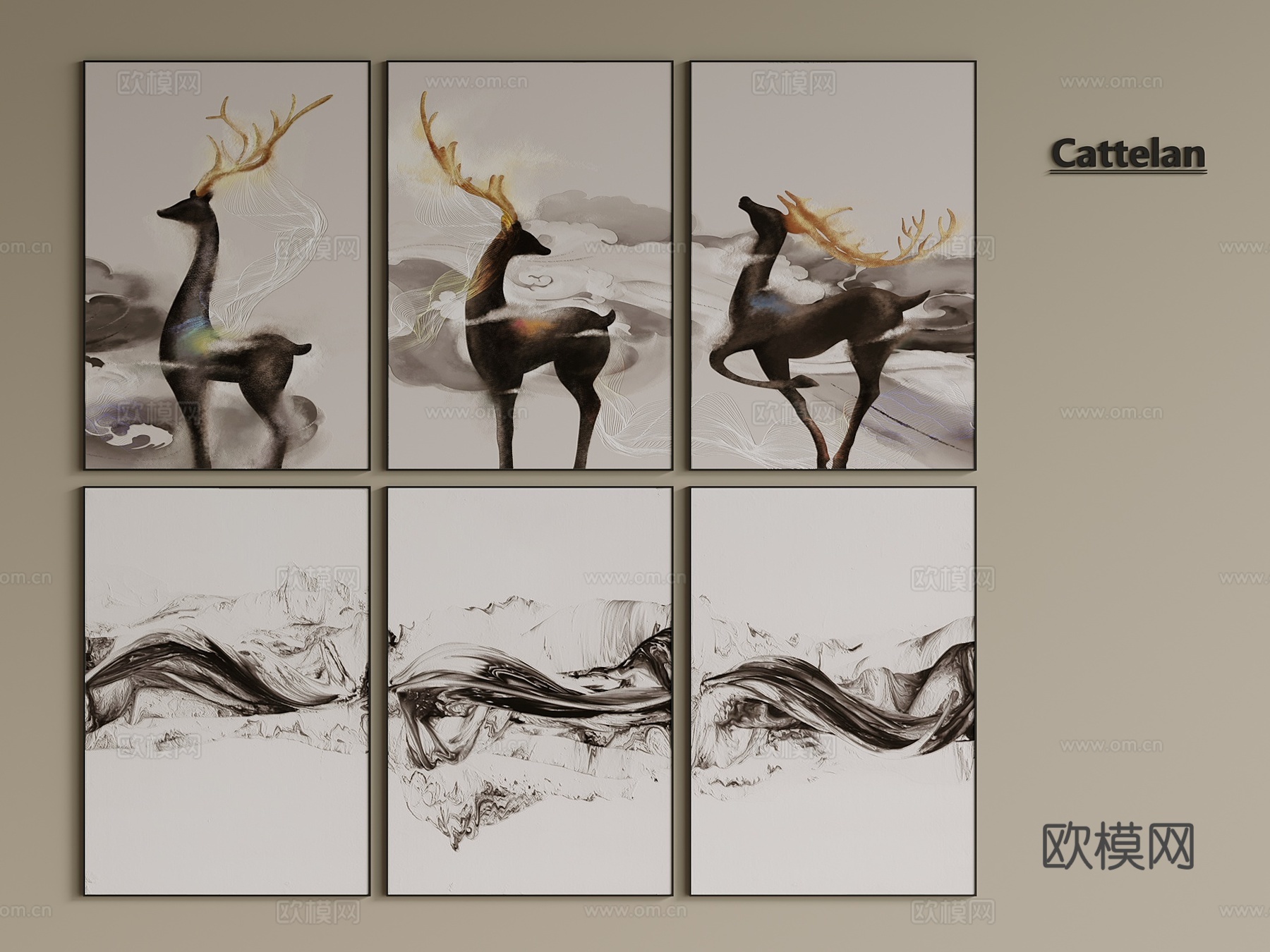 轻奢 侘寂 装饰画 组合 挂画 抽象挂画 卧室挂画 玄3d模型