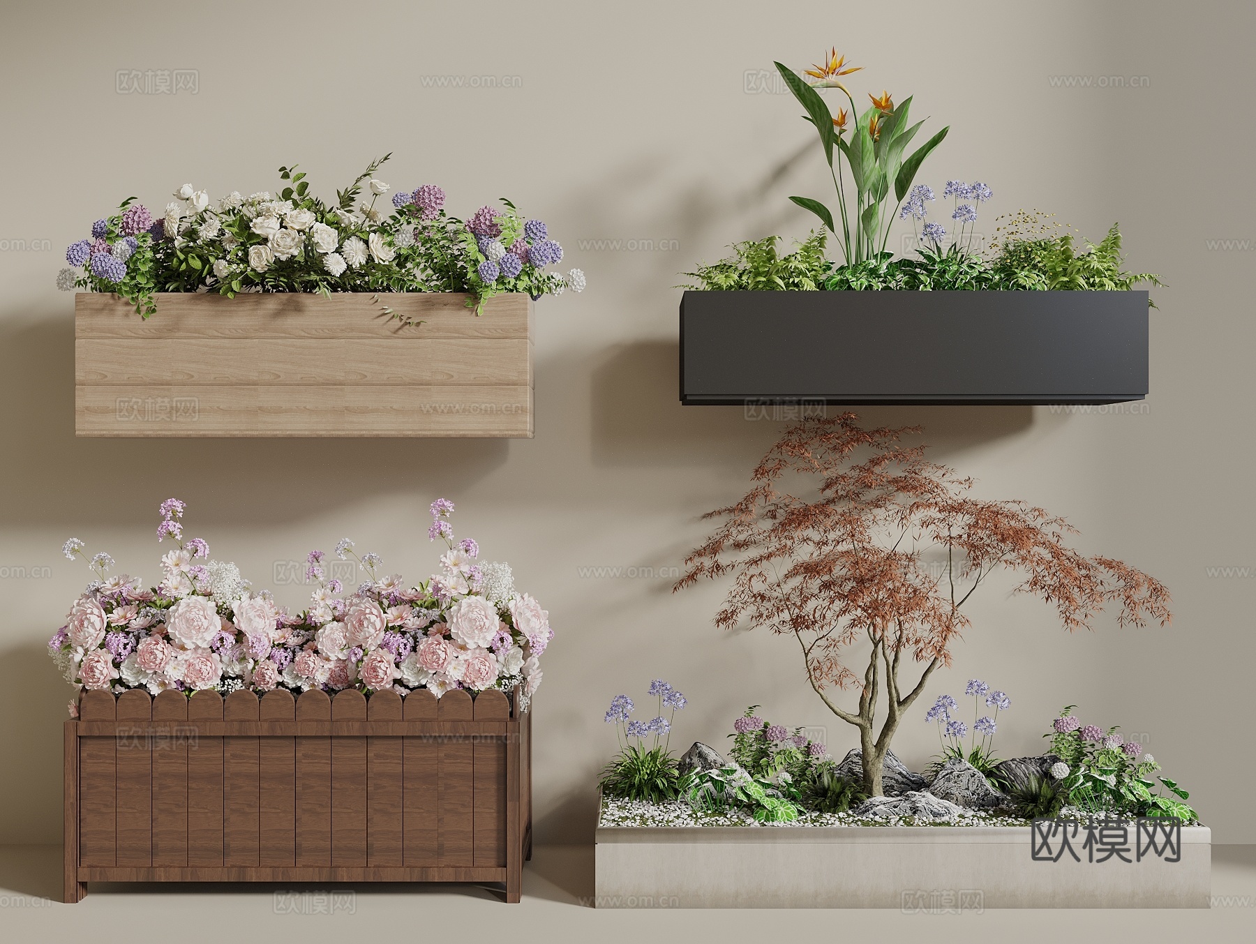 花箱 外摆花箱 移动花箱 植物组合 花池 花草植物堆 红枫3d模型