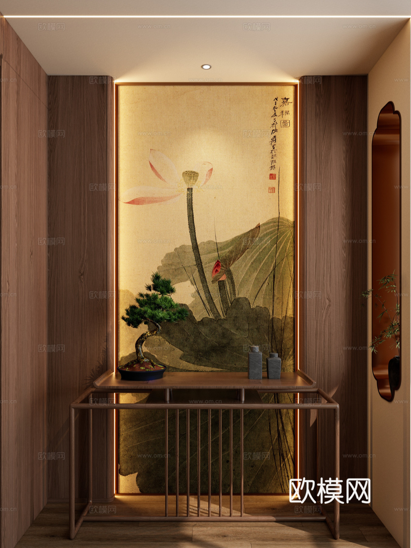 宋式 中古风 壁布 背光灯带 无主灯 如意隔断 透光 玄关3d模型