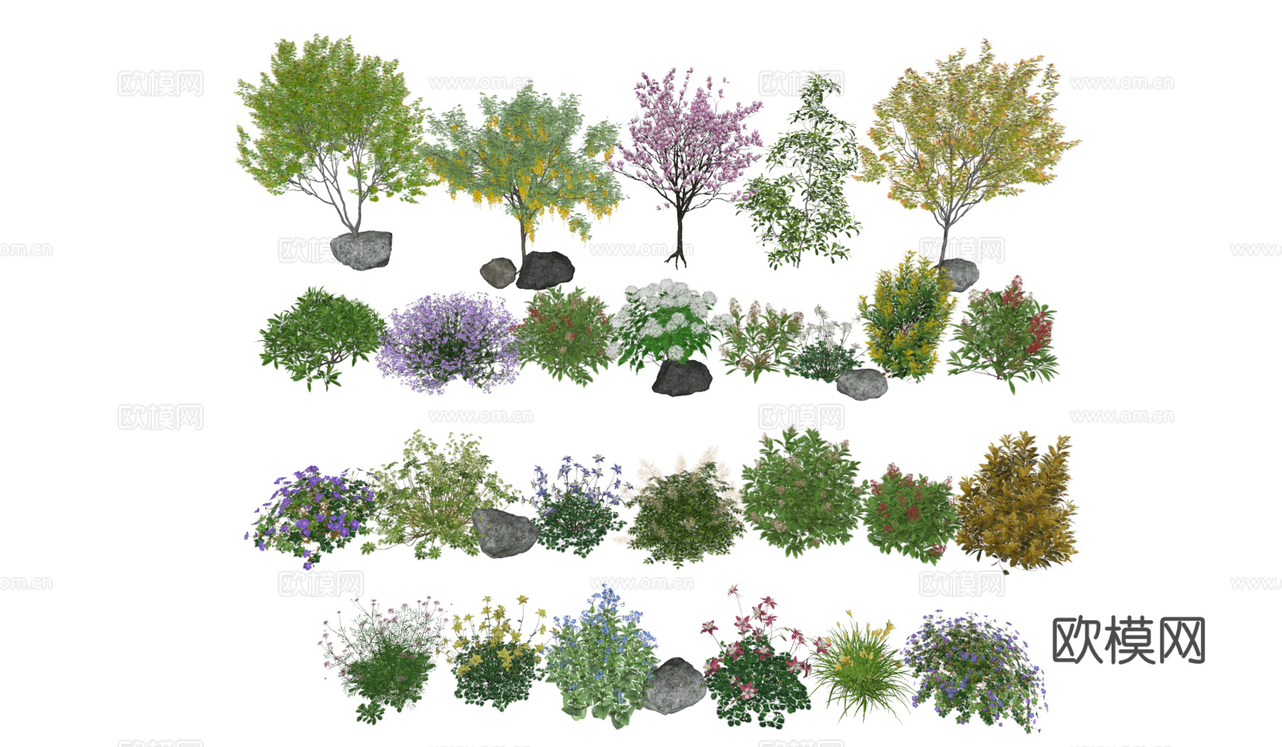 现代花卉灌木组合 灌木球 花带 花圃绿植 玉兰 球形植物户外su模型