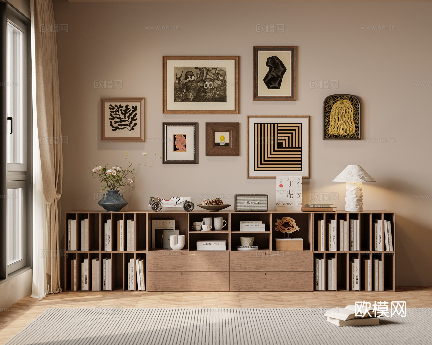中古木纹风装饰画装饰摆件柜书柜su模型下载（渲染图1）