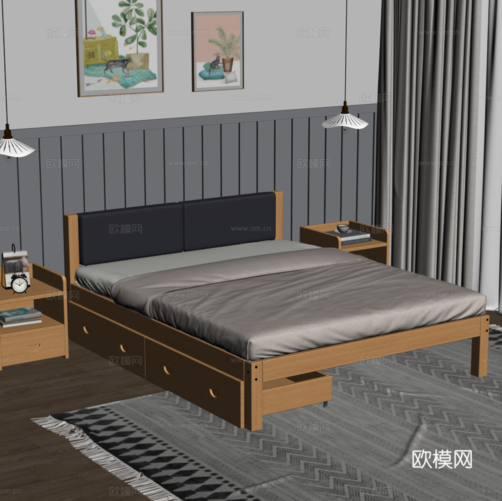 实木软包双人床 简约实木床 卧室 床头柜 吊灯 装饰画 地毯su模型