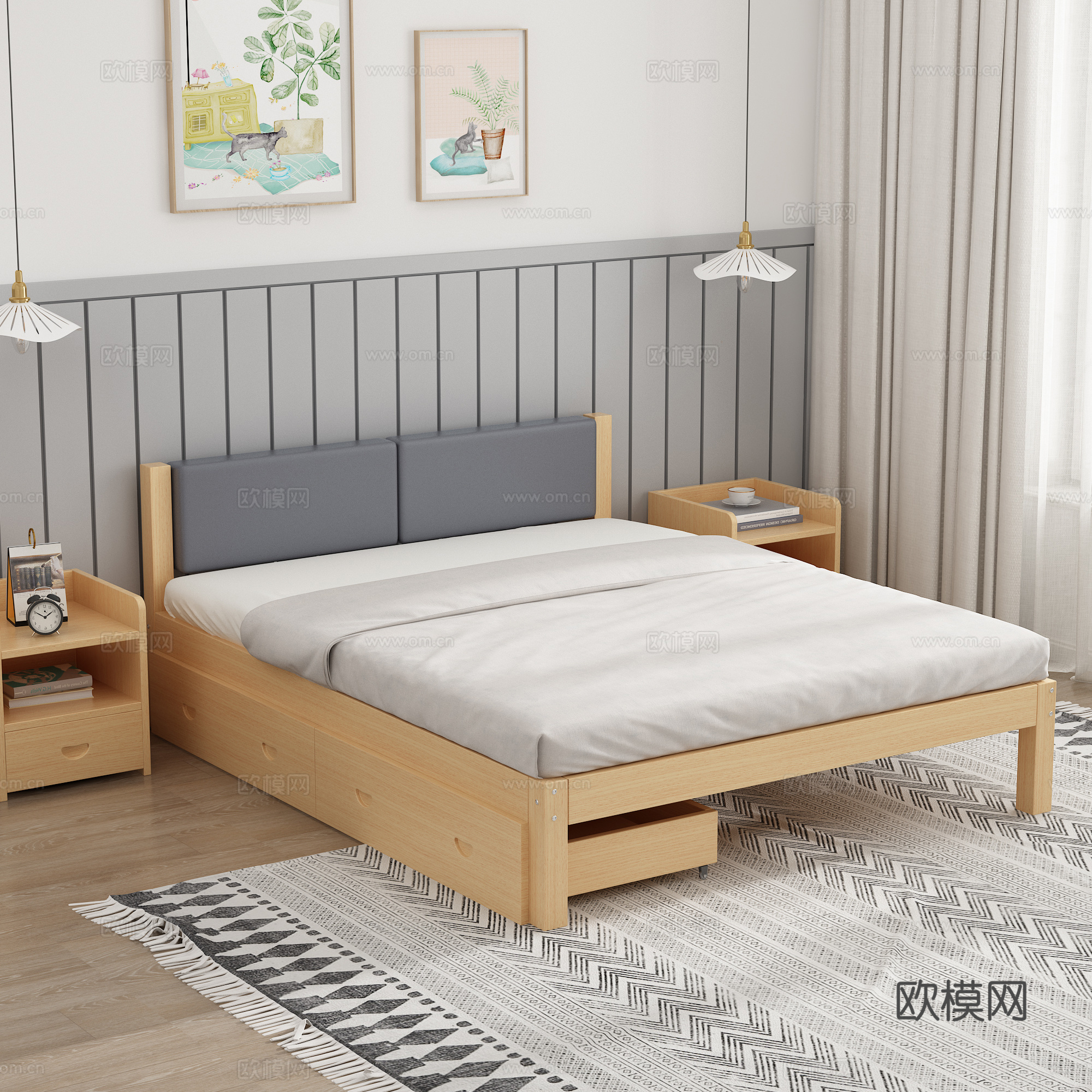 实木软包双人床 简约实木床 卧室 床头柜 吊灯 装饰画 地毯3d模型