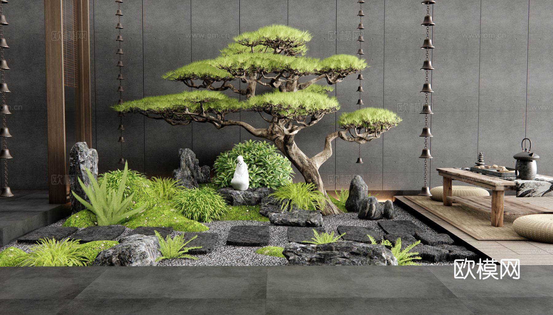 日式庭院小品 室内景观造景 汀步 苔藓石头 迎客松=3d模型