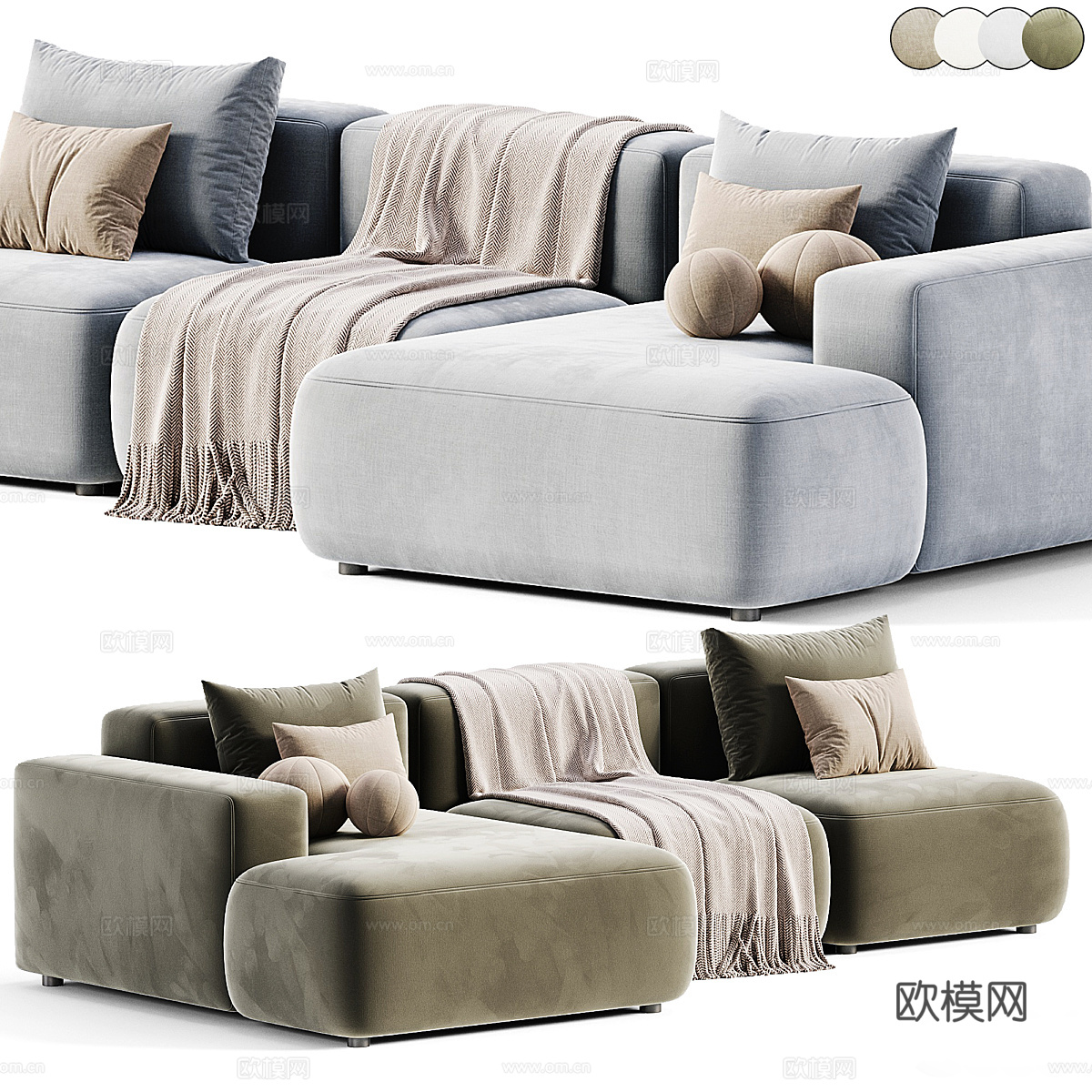现代奶油风布艺组合沙发3d模型