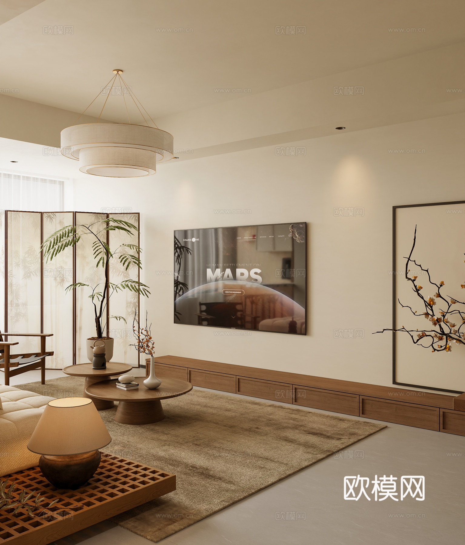 中古风客厅 电视背景墙 电视柜 屏风隔断 侘寂 民宿 新中式3d模型