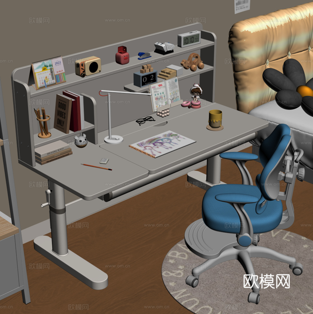 现代儿童学习桌椅 升降桌椅 学生桌 书桌椅 学习文具su模型