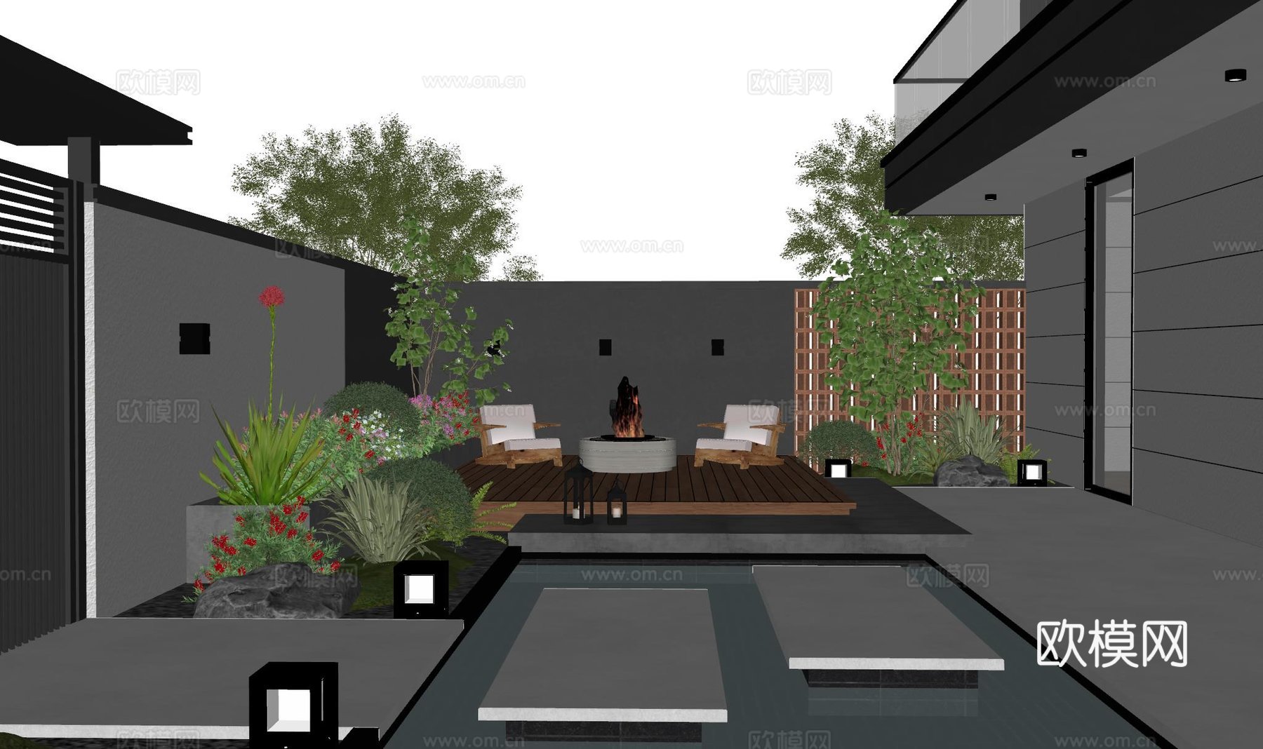 现代庭院景观 庭院花园 庭院小品 户外休闲椅 户外餐桌su模型