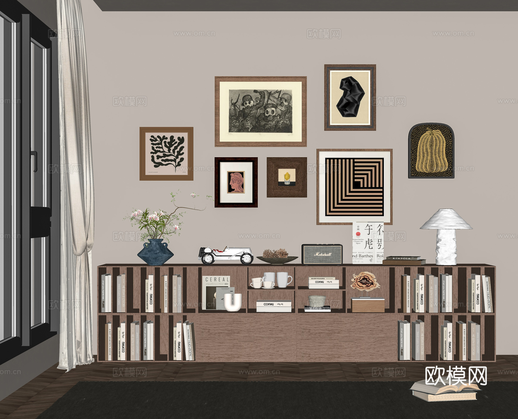 中古木纹风装饰画装饰摆件柜书柜su模型下载（渲染图2）