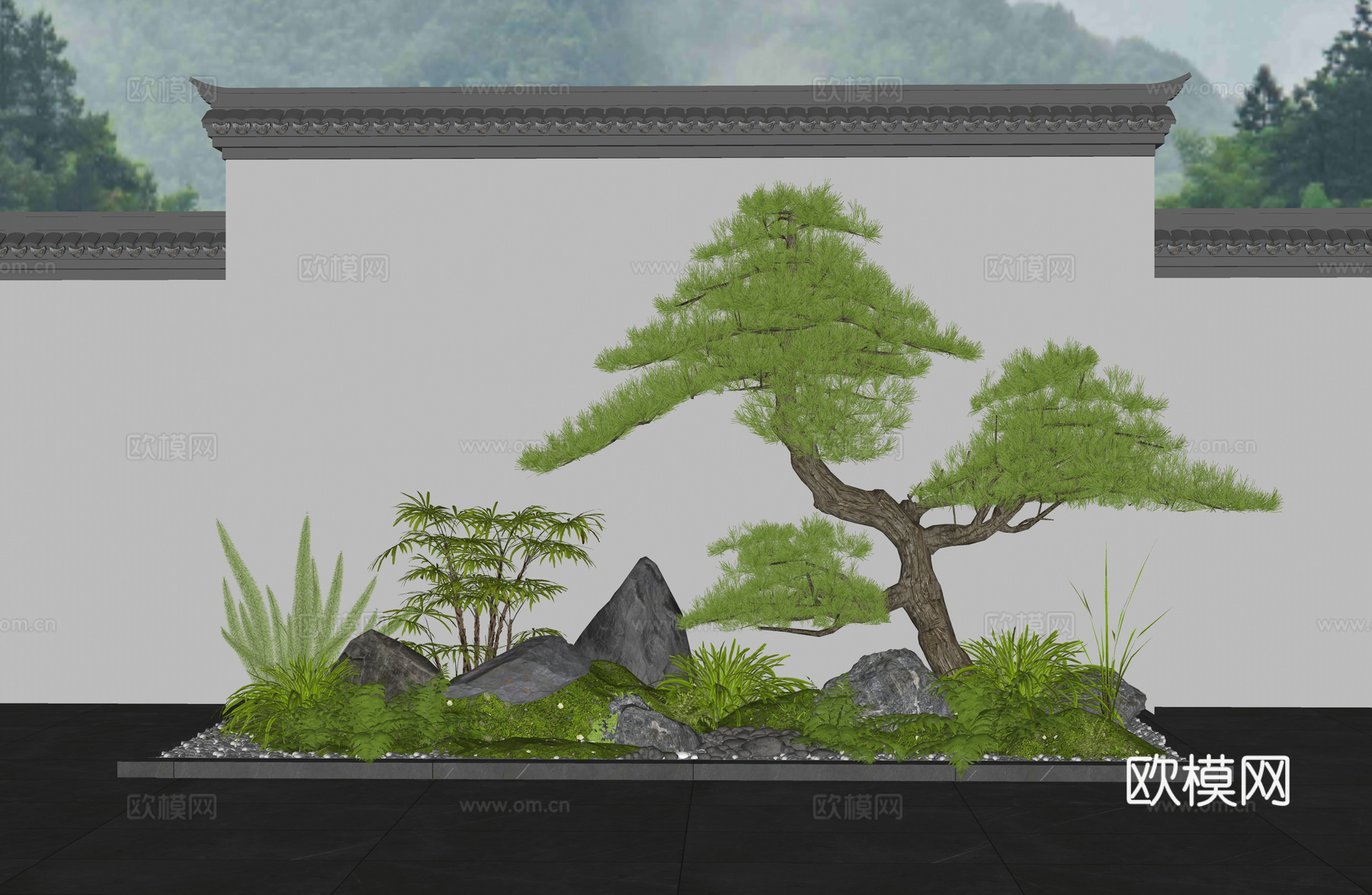 新中式庭院小品 植物造景 植物组合 植物堆 苔藓 景观石头su模型