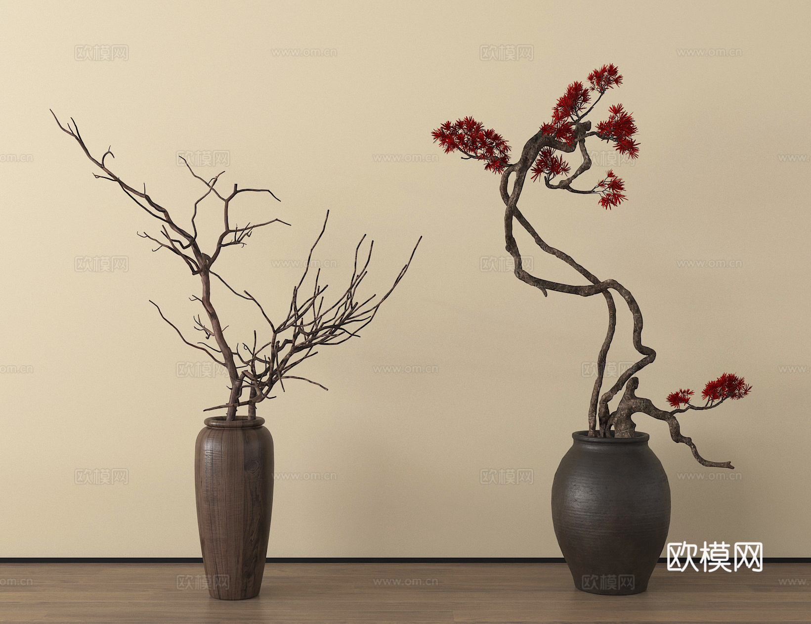 干枝花艺 花艺花瓶 陶罐3d模型