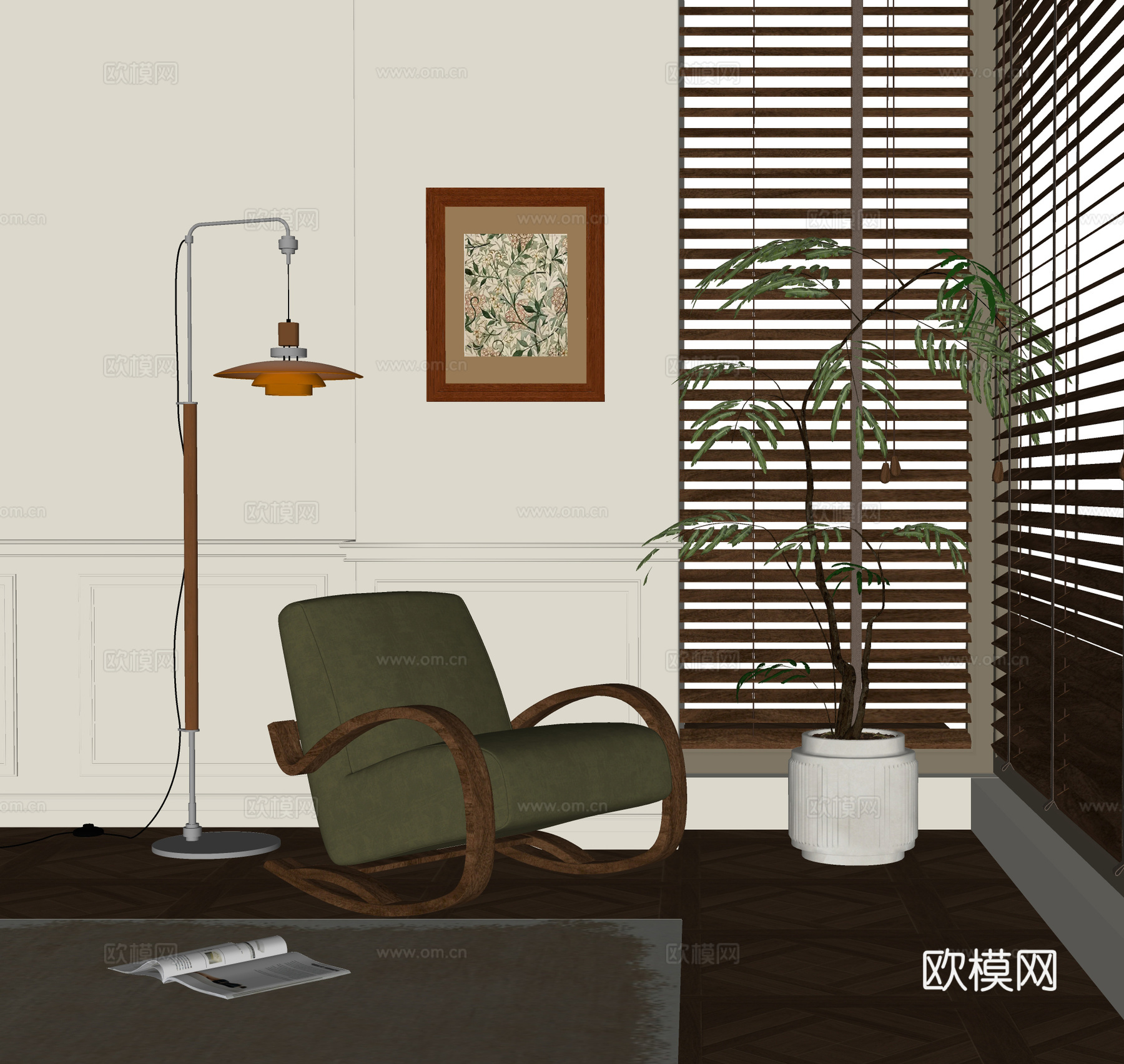 现代休闲椅 单人沙发 单椅 盆栽 落地灯su模型