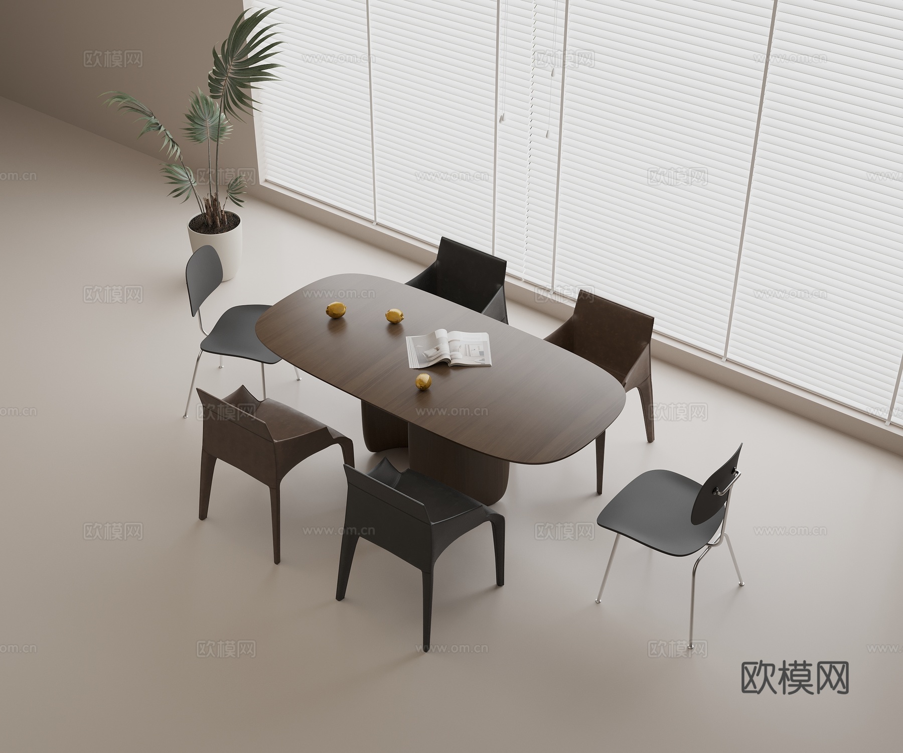 餐桌椅组合 实木餐桌 皮质餐椅 休闲餐椅 花盆绿植 书籍3d模型