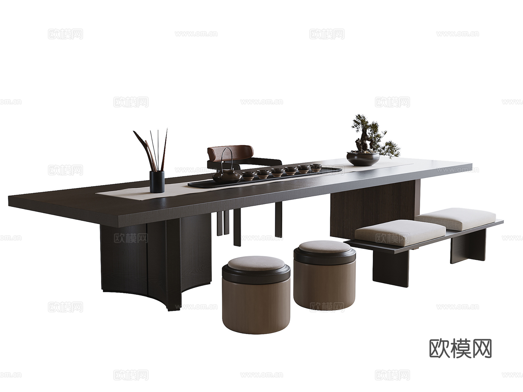 现代茶桌椅 凳子 长凳 茶具 茶椅3d模型
