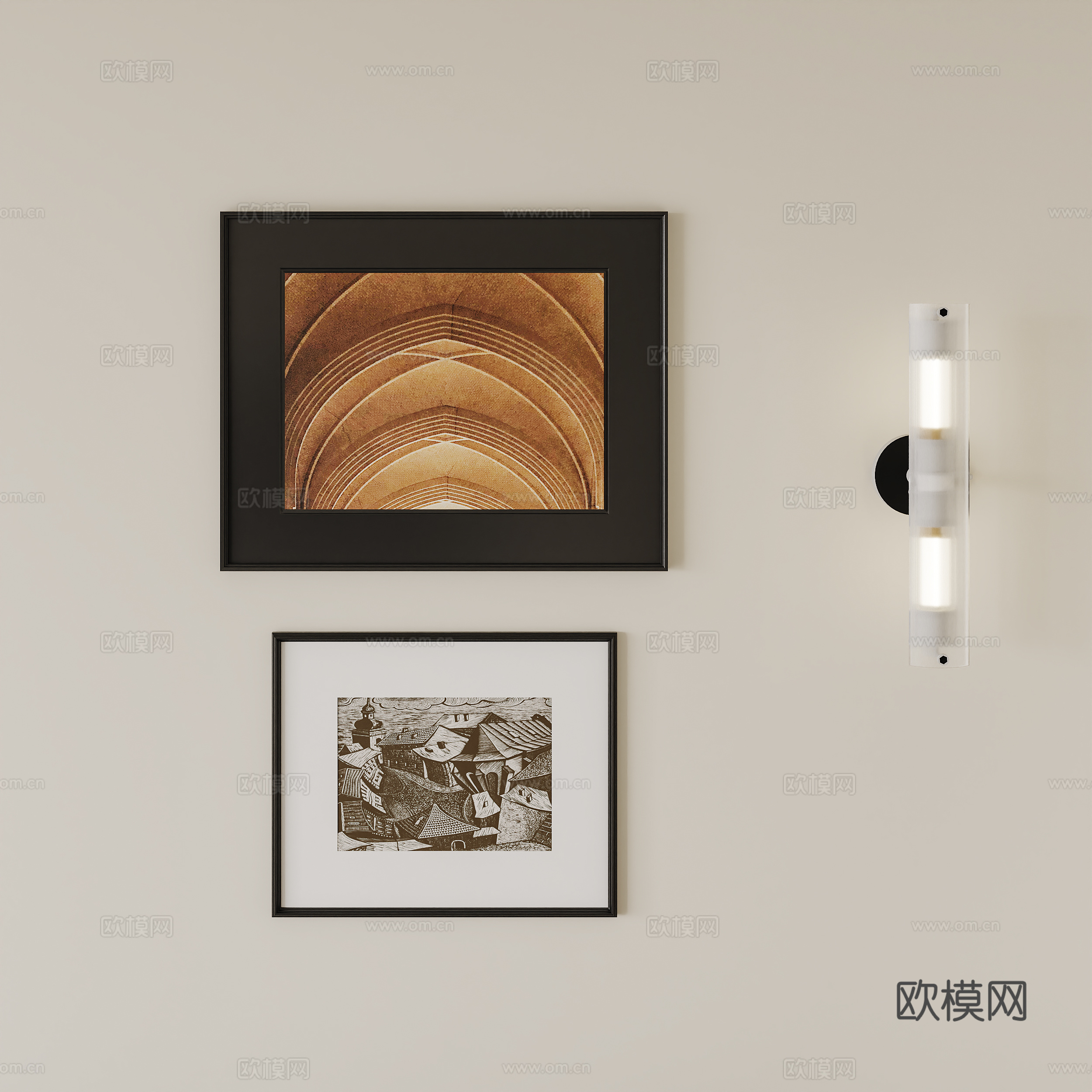 现代中古挂画组合 装饰画 组合画 客厅挂画 卧室挂画 壁灯3d模型